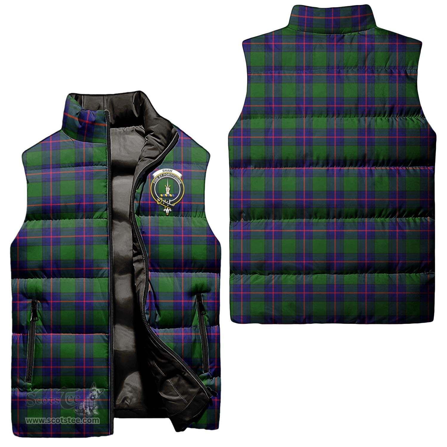 Scottish Shaw Modern Clan Tartan Puffer Vest, Family Crest Plaid Sleeveless Down Jacket Scottish Plaid Tartan Plaid - ScotsTee - scotstee.com
