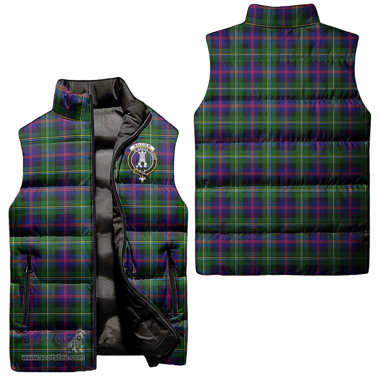 Scottish Malcolm Clan Tartan Puffer Vest, Family Crest Plaid Sleeveless Down Jacket Scottish Plaid Tartan Plaid - ScotsTee - scotstee.com