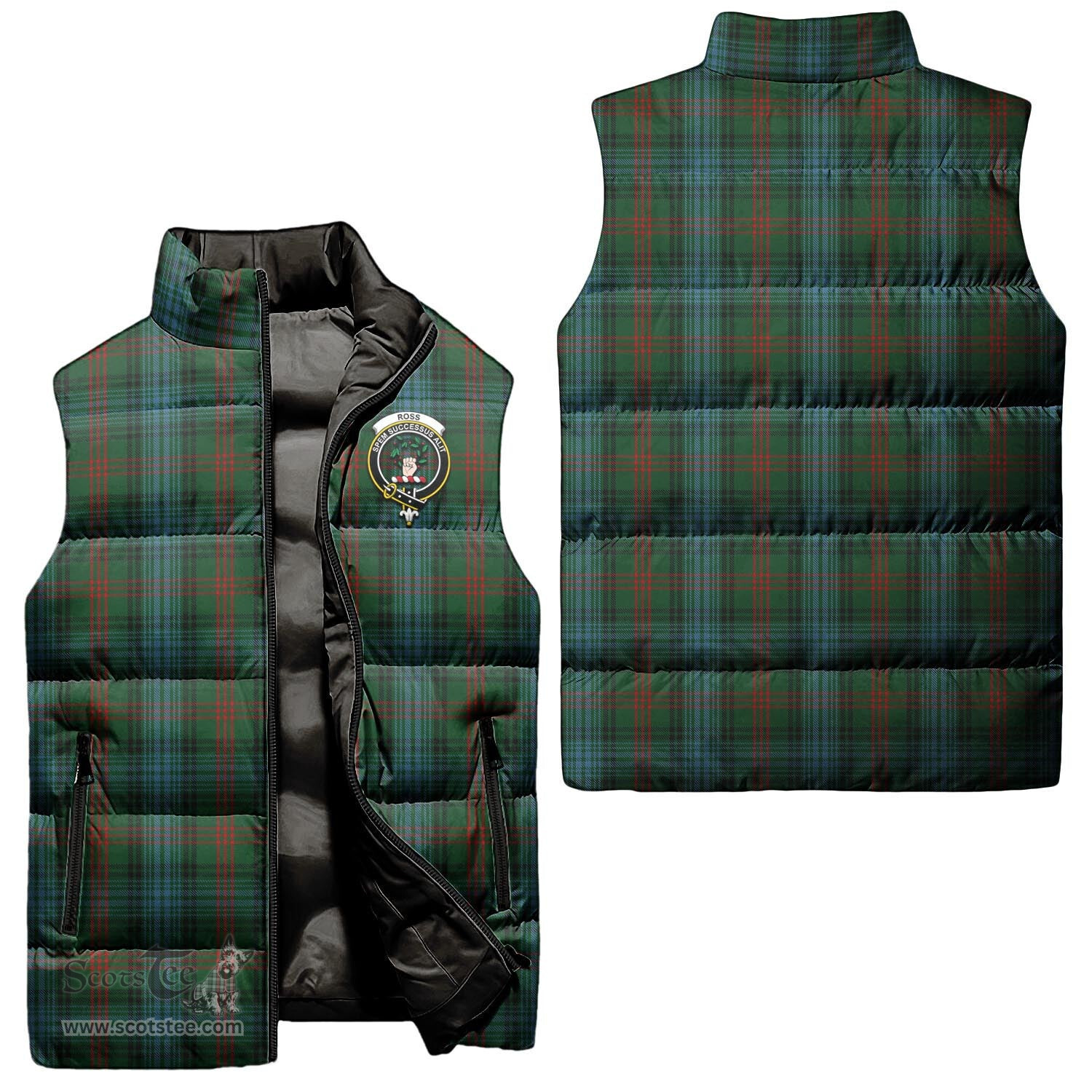 Scottish Ross Hunting Clan Tartan Puffer Vest, Family Crest Plaid Sleeveless Down Jacket Scottish Plaid Tartan Plaid - ScotsTee - scotstee.com