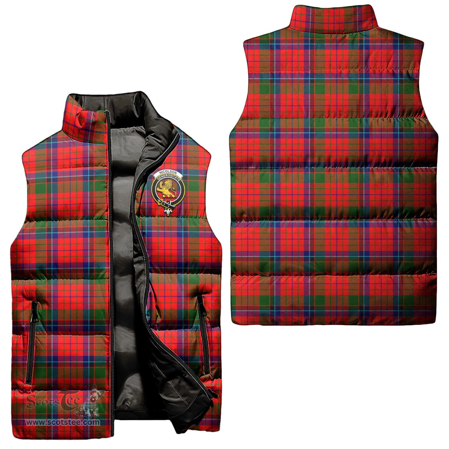 Scottish Nicolson Modern Clan Tartan Puffer Vest, Family Crest Plaid Sleeveless Down Jacket Scottish Plaid Tartan Plaid - ScotsTee - scotstee.com