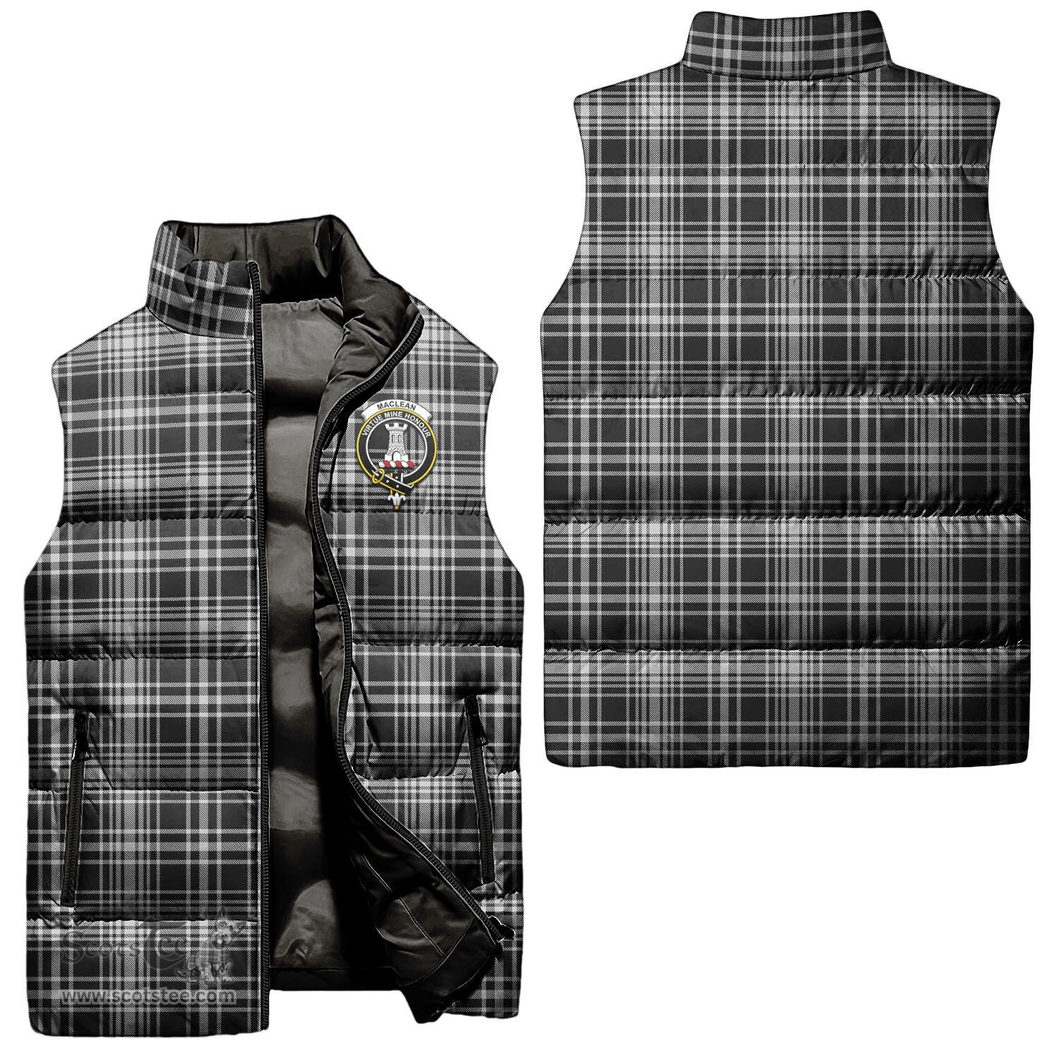 Scottish MacLean Black and White Clan Tartan Puffer Vest, Family Crest Plaid Sleeveless Down Jacket Scottish Plaid Tartan Plaid - ScotsTee - scotstee.com