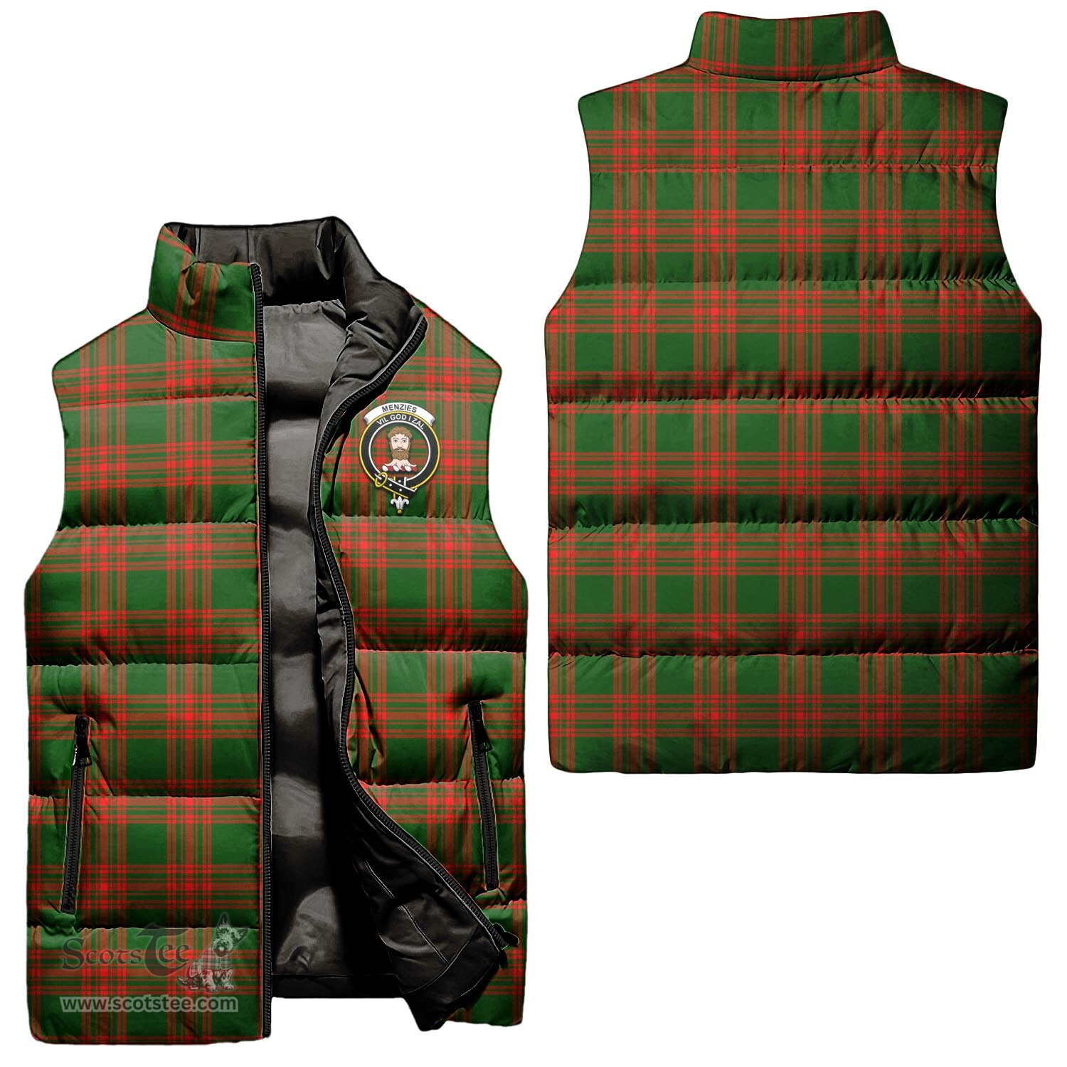 Scottish Menzies Green Modern Clan Tartan Puffer Vest, Family Crest Plaid Sleeveless Down Jacket Scottish Plaid Tartan Plaid - ScotsTee - scotstee.com