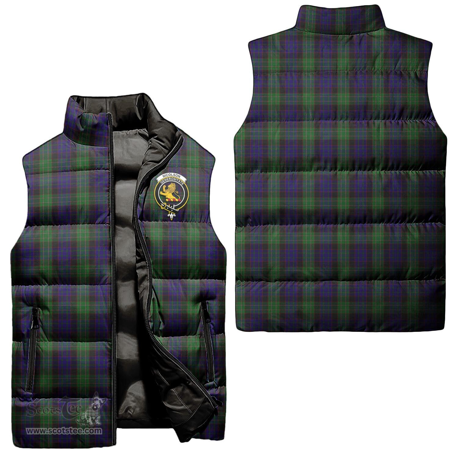 Scottish Nicolson Green Hunting Clan Tartan Puffer Vest, Family Crest Plaid Sleeveless Down Jacket Scottish Plaid Tartan Plaid - ScotsTee - scotstee.com
