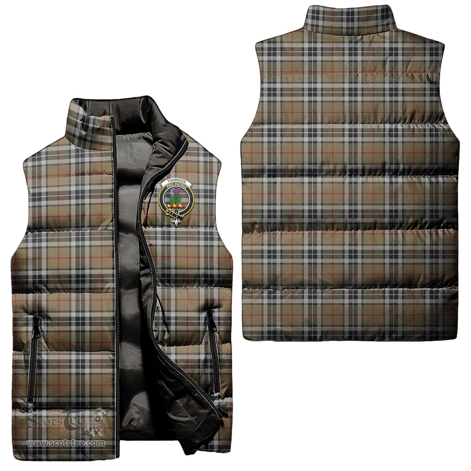Scottish Thomson Camel Clan Tartan Puffer Vest, Family Crest Plaid Sleeveless Down Jacket Scottish Plaid Tartan Plaid - ScotsTee - scotstee.com