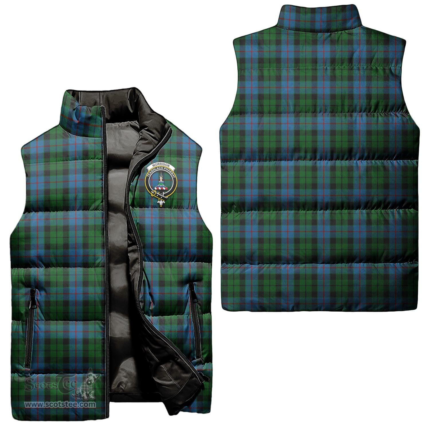 Scottish Morrison Society Clan Tartan Puffer Vest, Family Crest Plaid Sleeveless Down Jacket Scottish Plaid Tartan Plaid - ScotsTee - scotstee.com