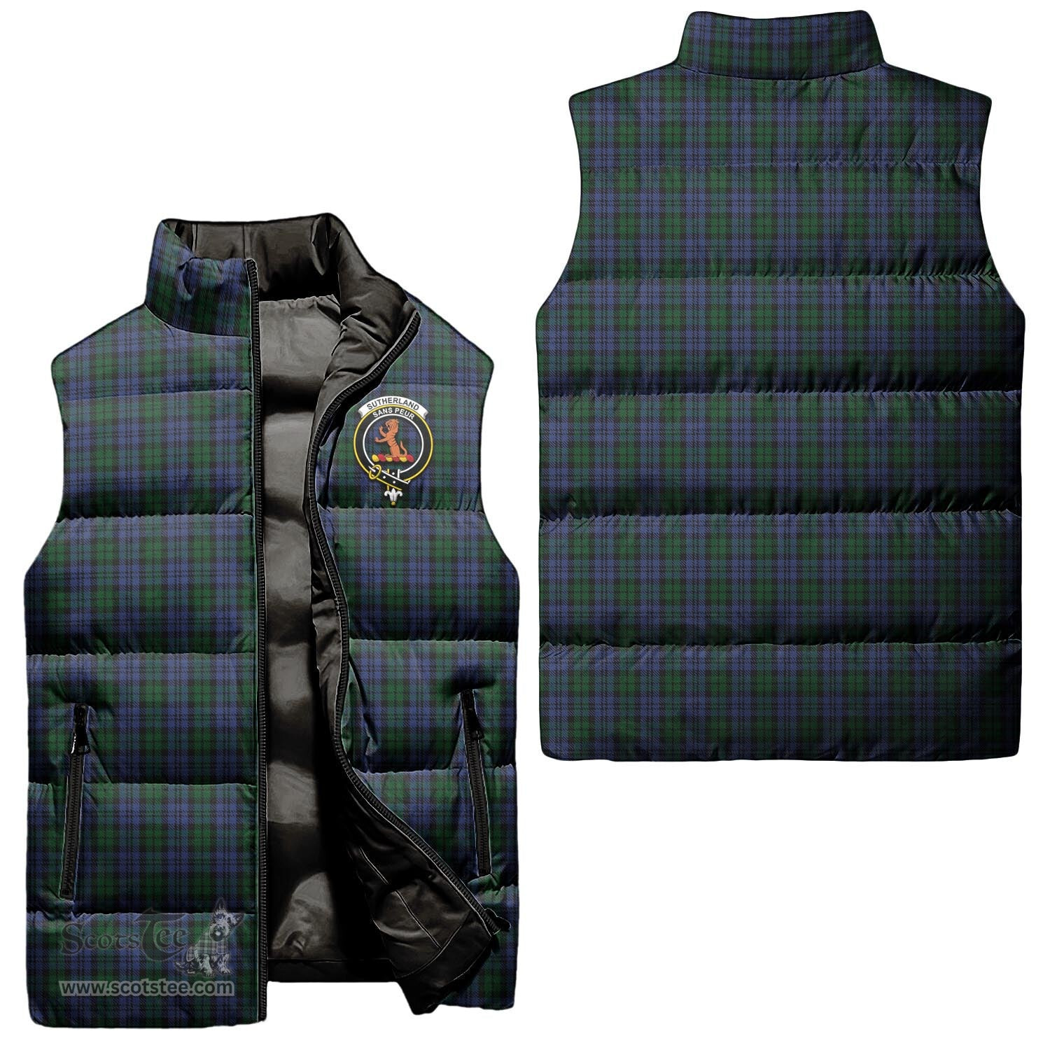 Scottish Sutherland Clan Tartan Puffer Vest, Family Crest Plaid Sleeveless Down Jacket Scottish Plaid Tartan Plaid - ScotsTee - scotstee.com