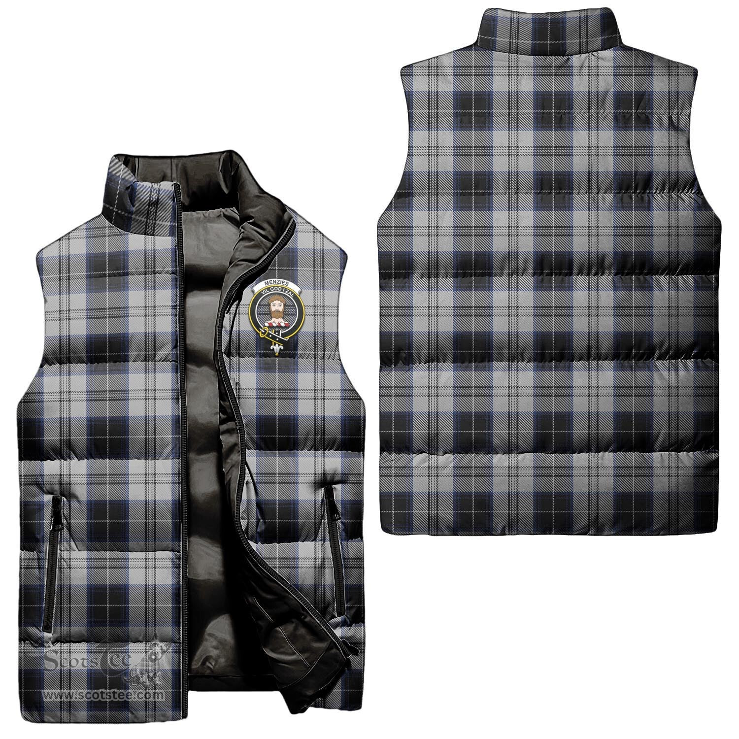 Scottish Menzies Black Dress Clan Tartan Puffer Vest, Family Crest Plaid Sleeveless Down Jacket Scottish Plaid Tartan Plaid - ScotsTee - scotstee.com