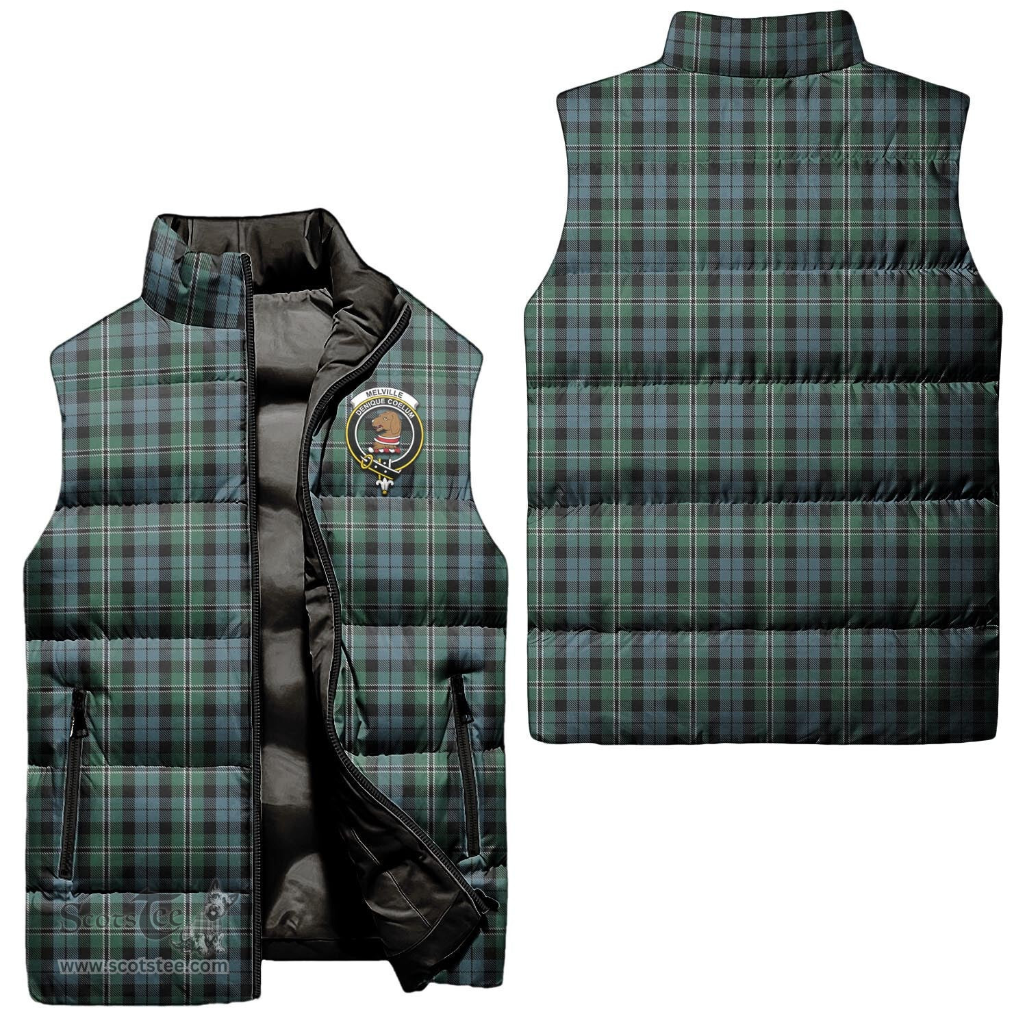Scottish Melville Clan Tartan Puffer Vest, Family Crest Plaid Sleeveless Down Jacket Scottish Plaid Tartan Plaid - ScotsTee - scotstee.com
