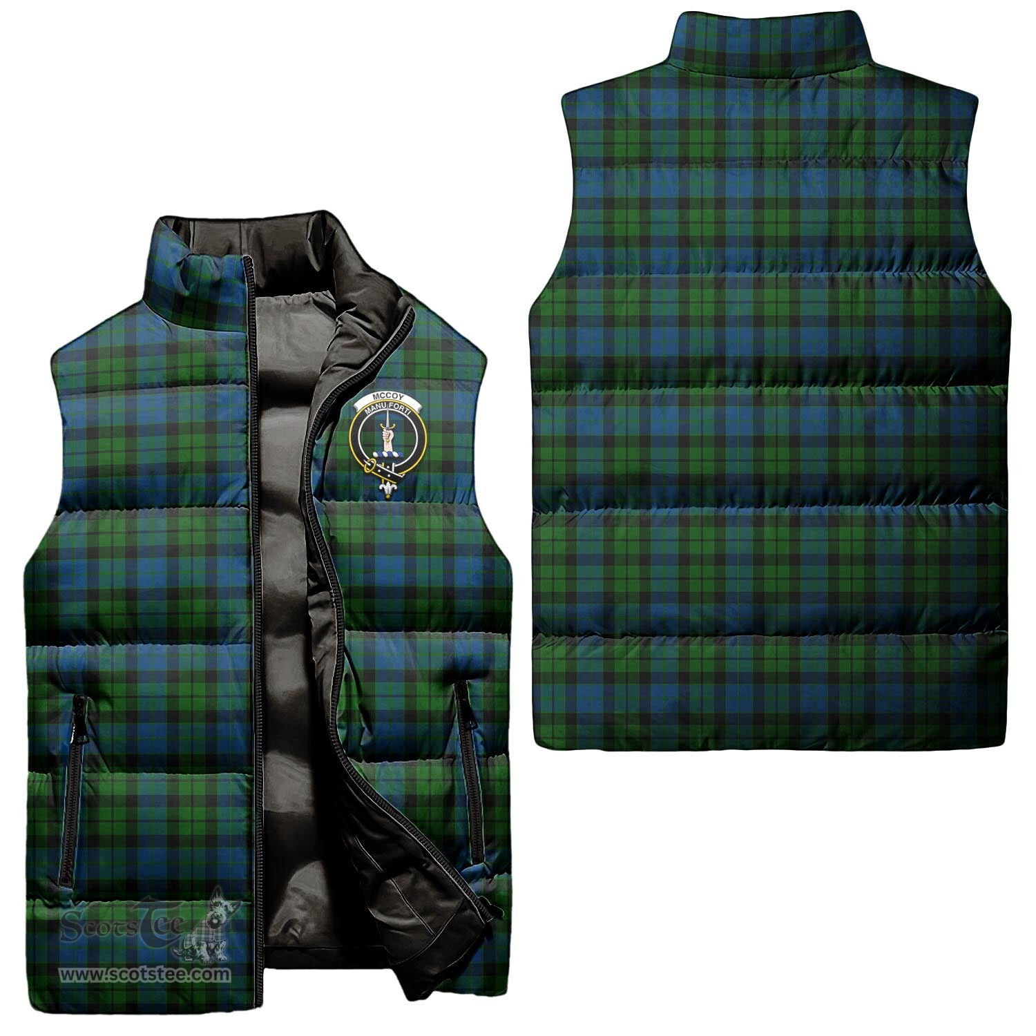 Scottish McCoy Clan Tartan Puffer Vest, Family Crest Plaid Sleeveless Down Jacket Scottish Plaid Tartan Plaid - ScotsTee - scotstee.com