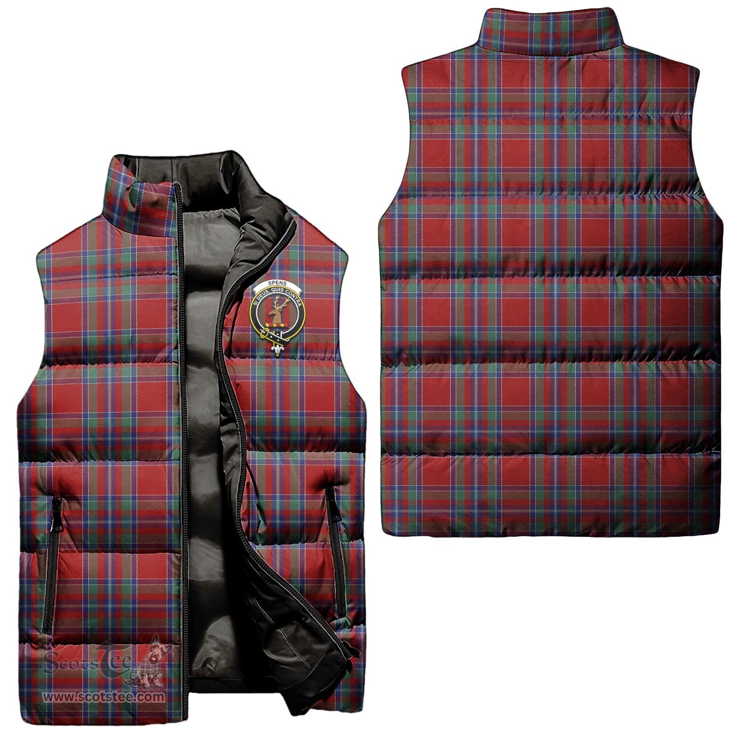 Scottish Spens Clan Tartan Puffer Vest, Family Crest Plaid Sleeveless Down Jacket Scottish Plaid Tartan Plaid - ScotsTee - scotstee.com