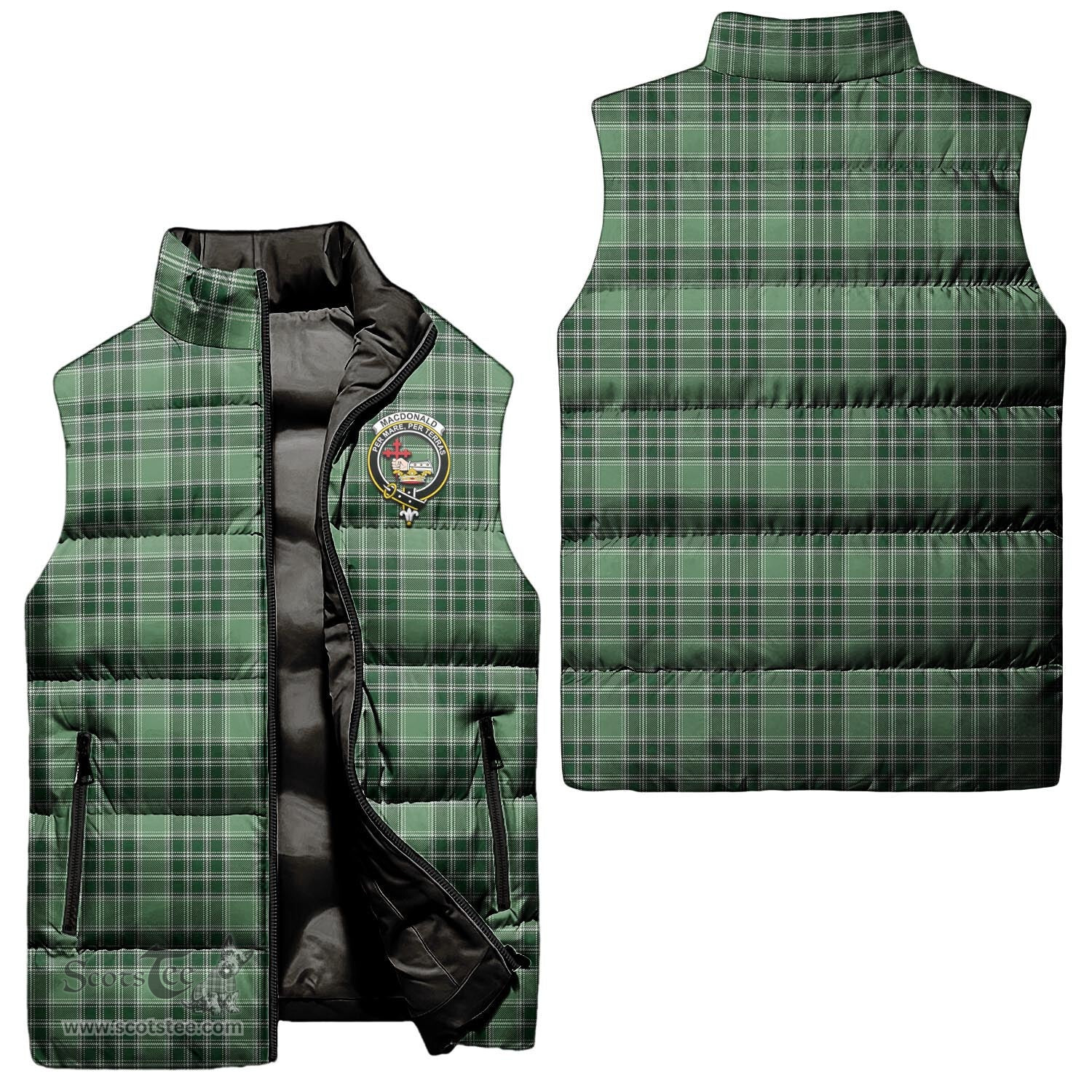 Scottish MacDonald Lord of the Isles Hunting Clan Tartan Puffer Vest, Family Crest Plaid Sleeveless Down Jacket Scottish Plaid Tartan Plaid - ScotsTee - scotstee.com