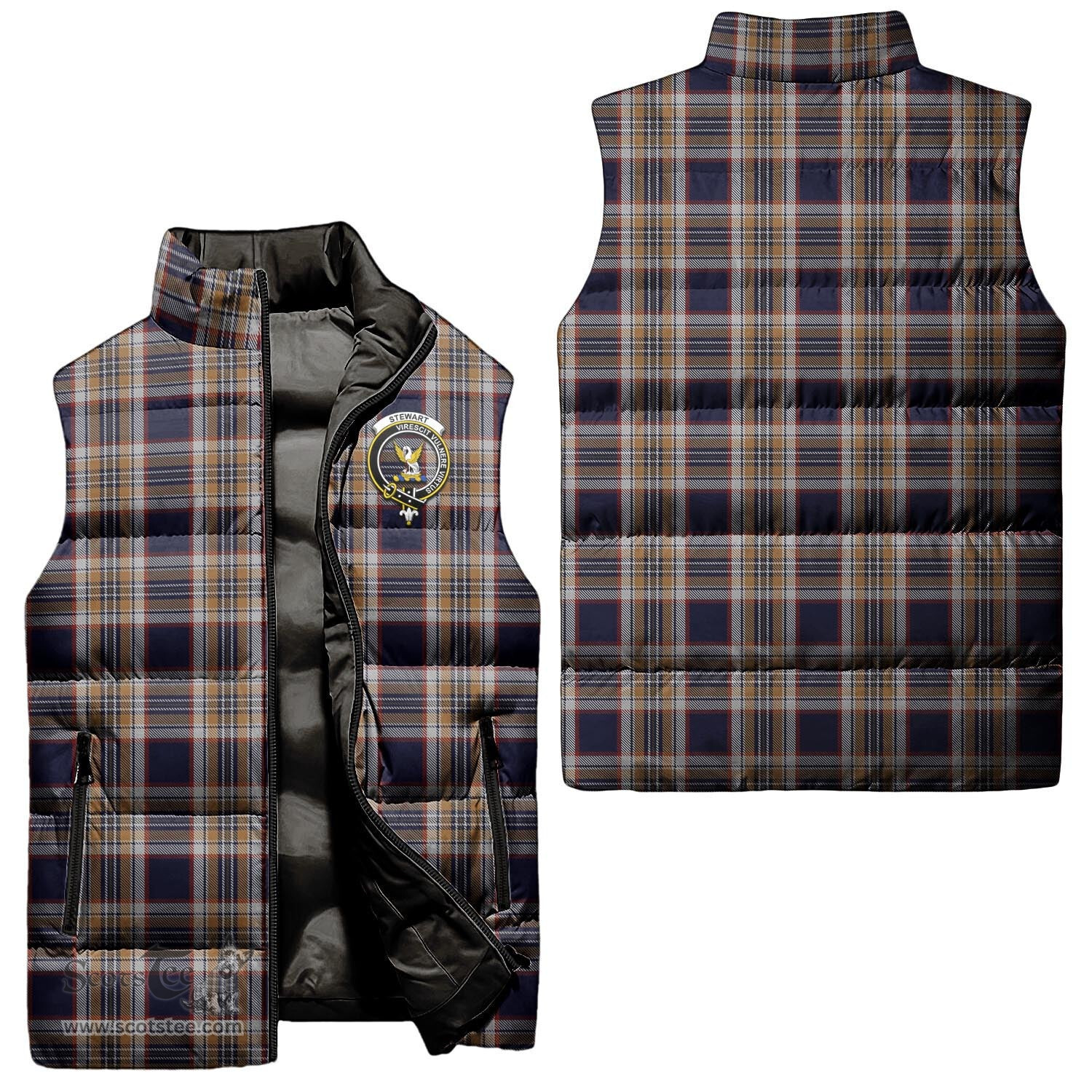 Scottish Stewart Navy Clan Tartan Puffer Vest, Family Crest Plaid Sleeveless Down Jacket Scottish Plaid Tartan Plaid - ScotsTee - scotstee.com