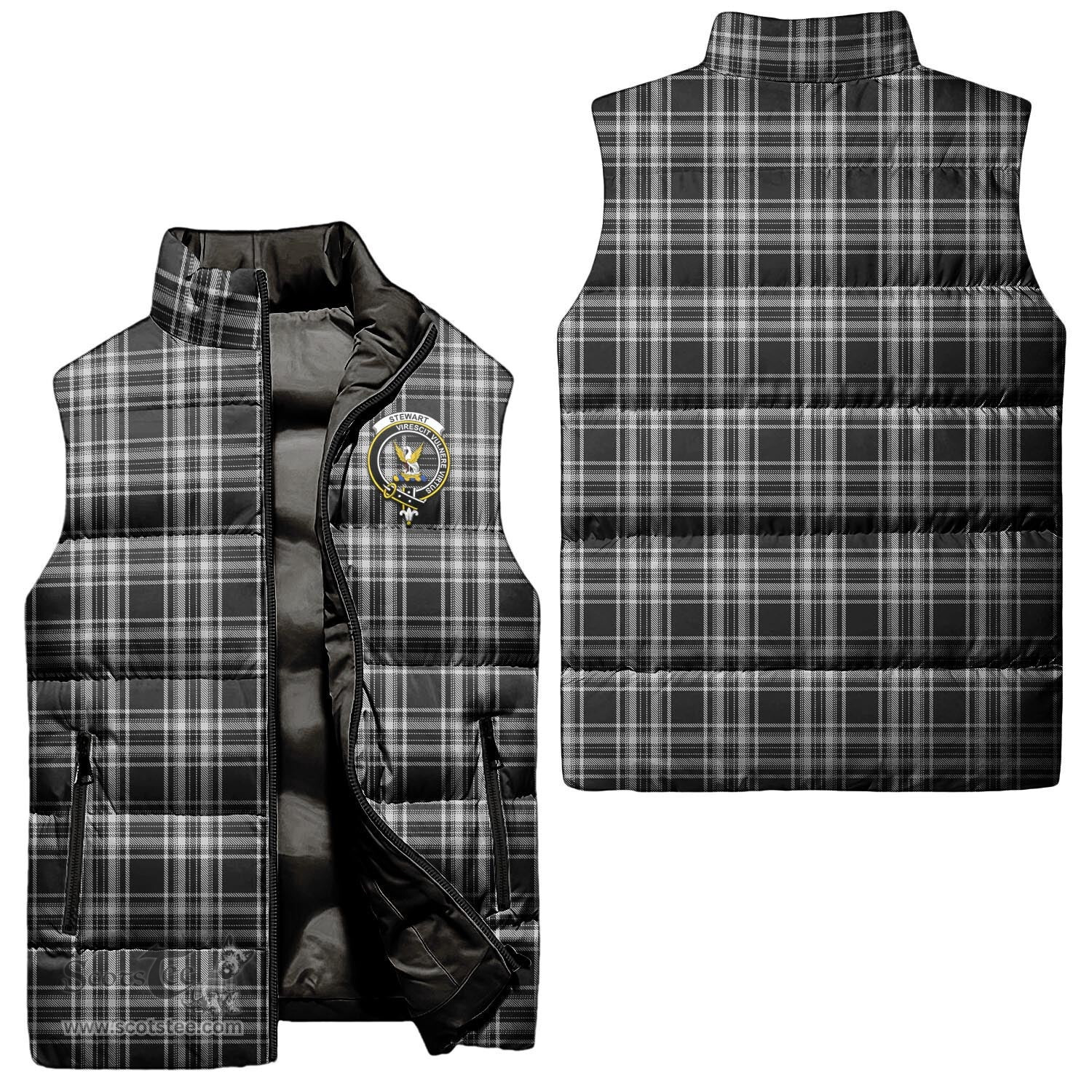 Scottish Stewart Black and White Clan Tartan Puffer Vest, Family Crest Plaid Sleeveless Down Jacket Scottish Plaid Tartan Plaid - ScotsTee - scotstee.com