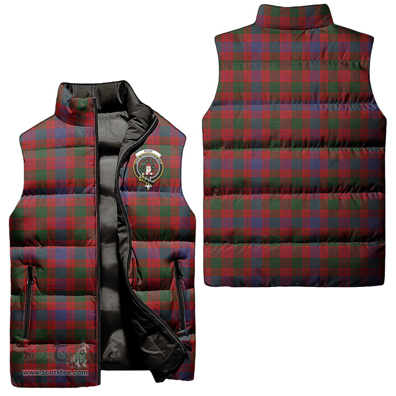 Scottish Ross Clan Tartan Puffer Vest, Family Crest Plaid Sleeveless Down Jacket Scottish Plaid Tartan Plaid - ScotsTee - scotstee.com