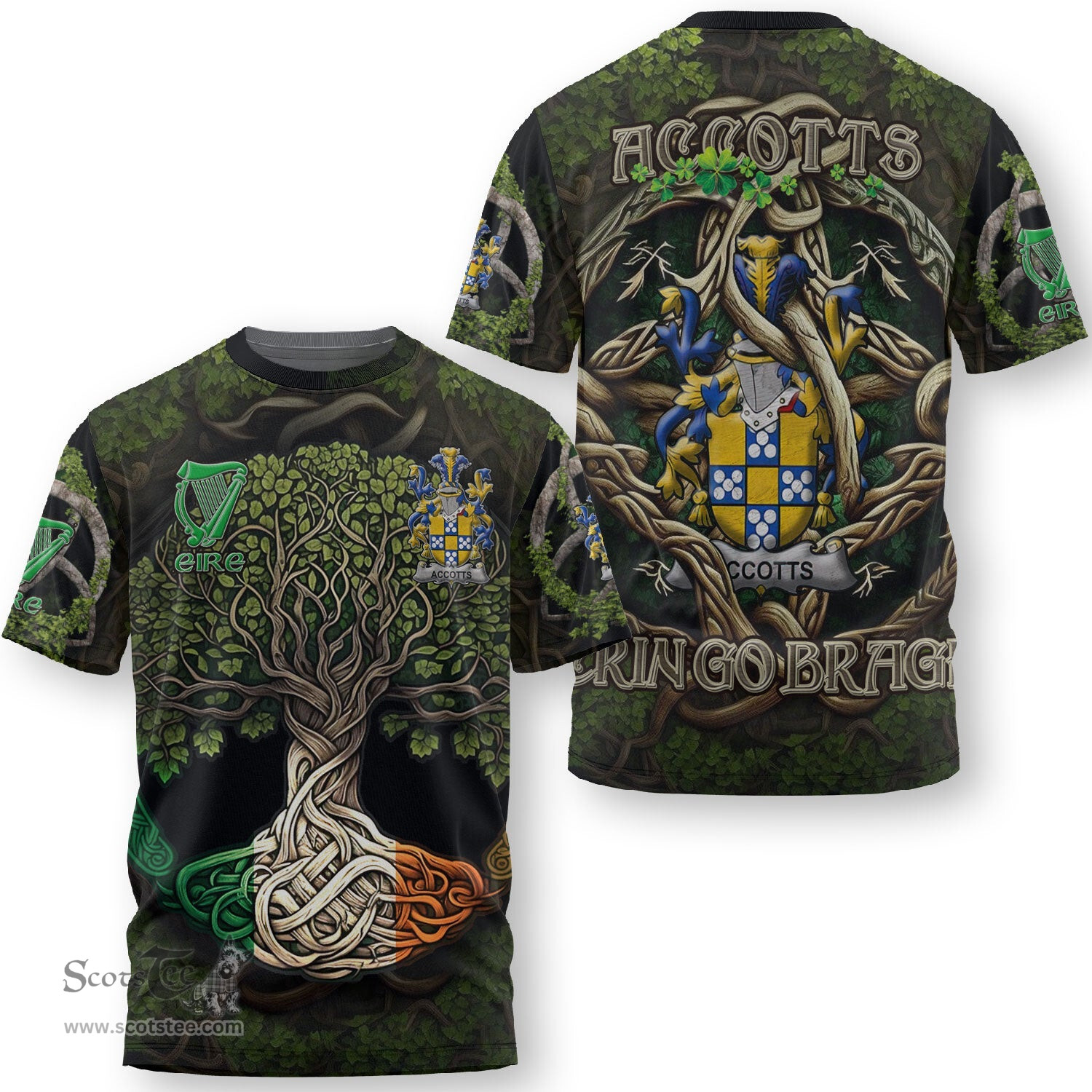 ScotsTee Shop Irish Accotts Coat of Arms Irish T Shirt Family Crest Irish Is My Root T Shirt
