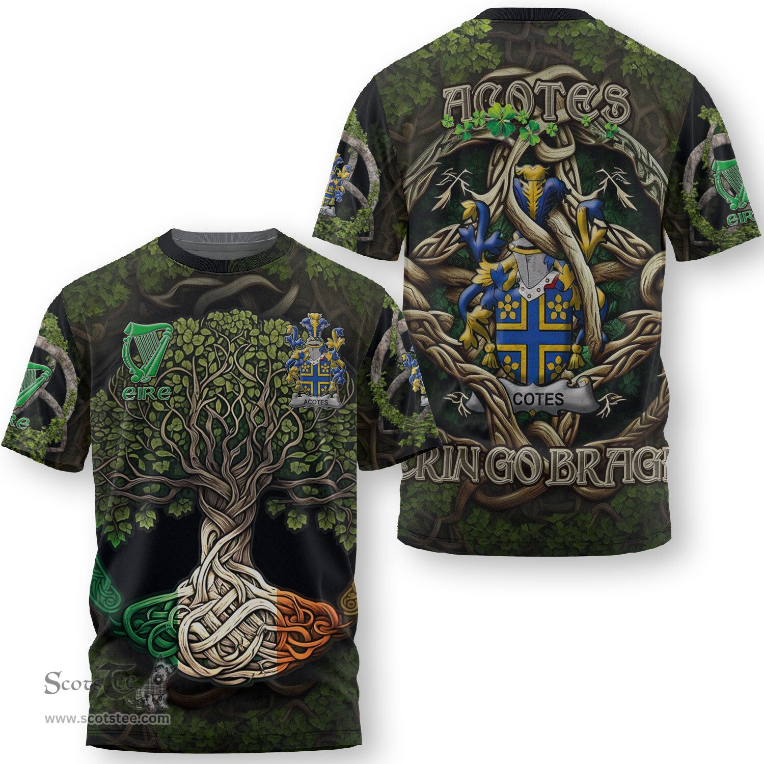 ScotsTee Shop Irish Acotes Coat of Arms Irish T Shirt Family Crest Irish Is My Root T Shirt