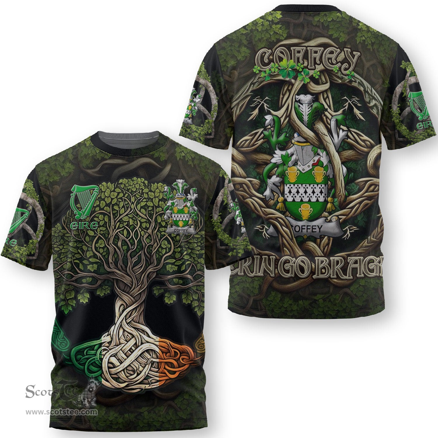 ScotsTee Shop Irish Coffey or O Coffey Coat of Arms Irish T Shirt Family Crest Irish Is My Root T Shirt