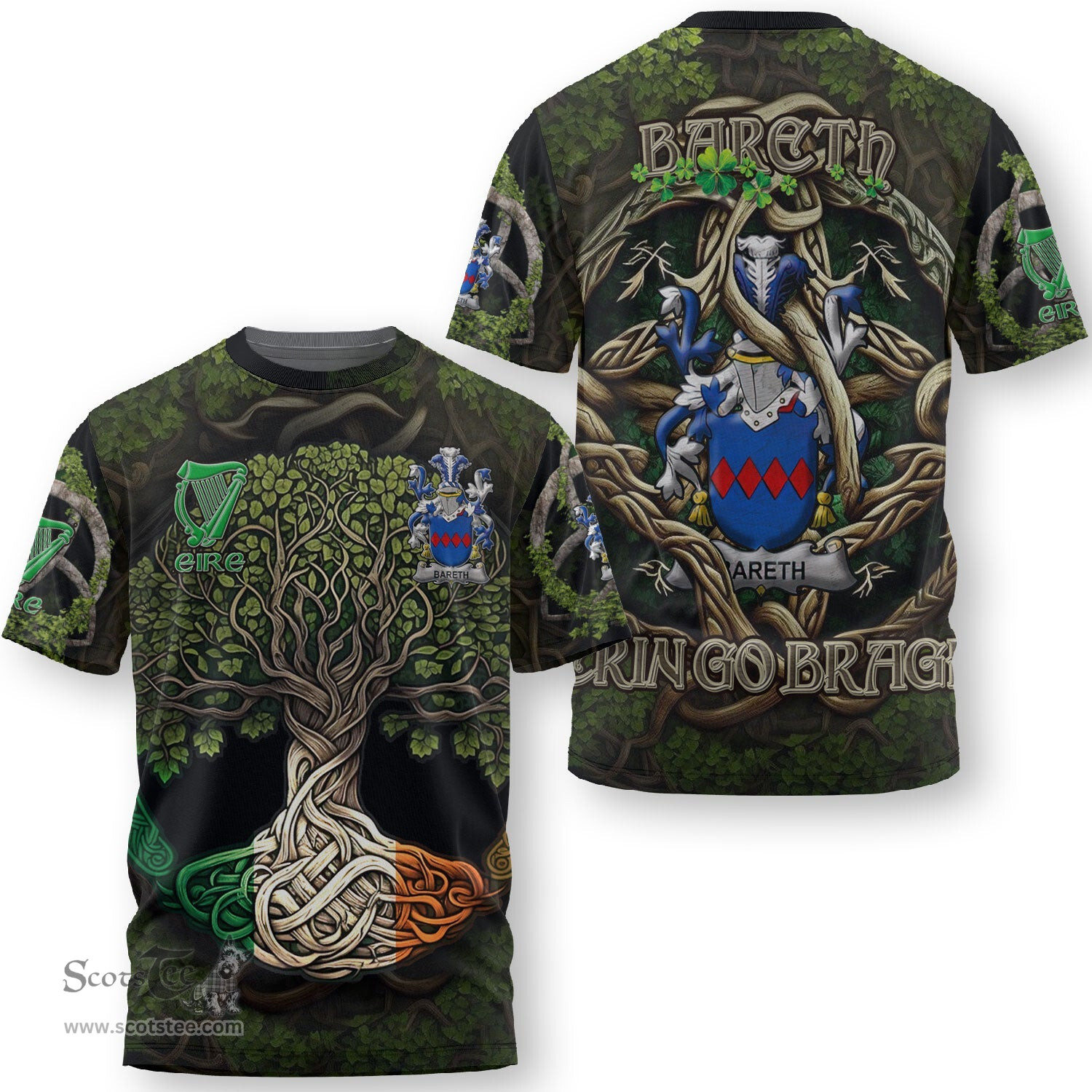 ScotsTee Shop Irish Bareth Coat of Arms Irish T Shirt Family Crest Irish Is My Root T Shirt