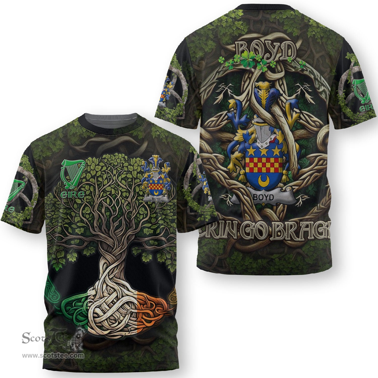 ScotsTee Shop Irish Boyd of Danson Coat of Arms Irish T Shirt Family Crest Irish Is My Root T Shirt