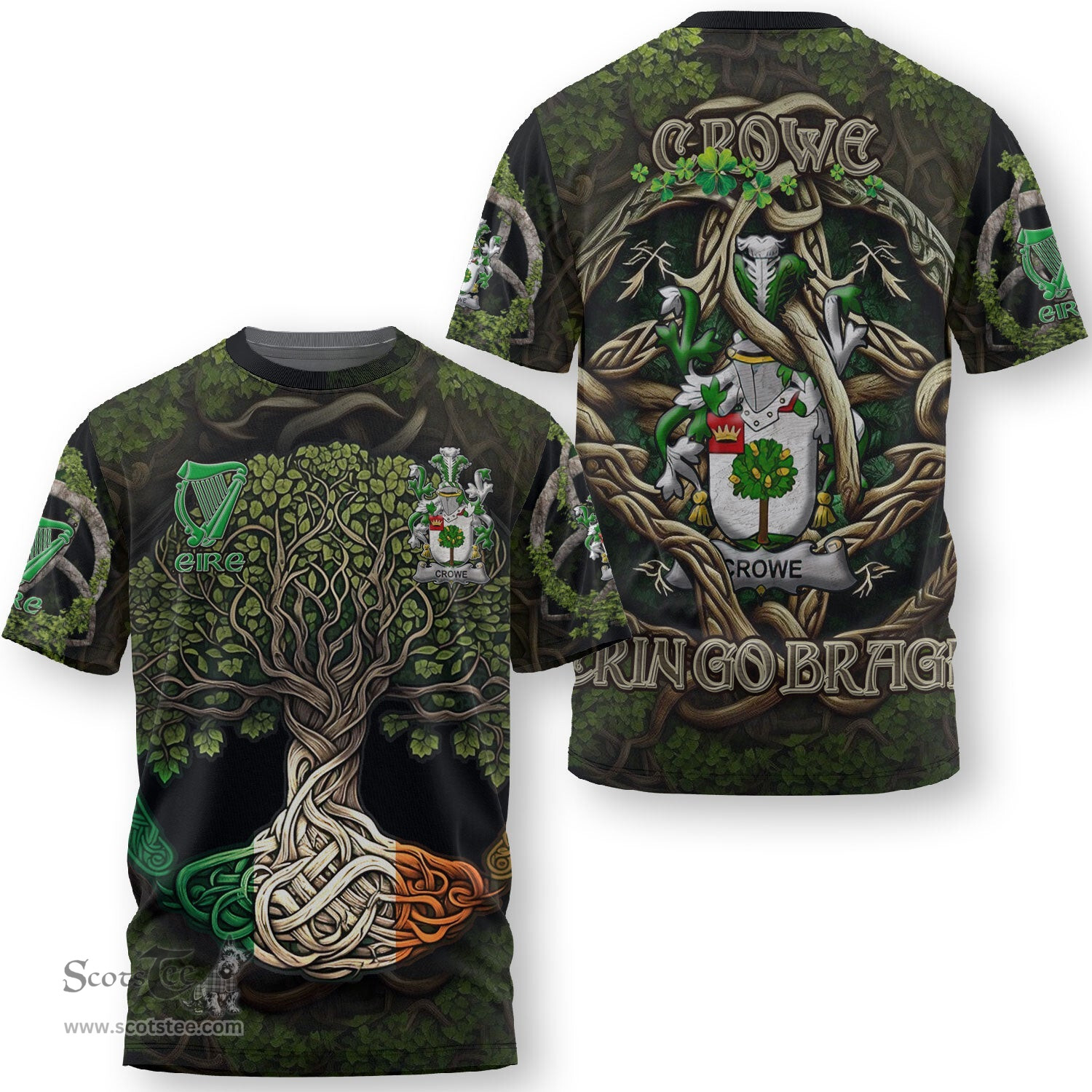 ScotsTee Shop Irish Crowe or McEnchroe Coat of Arms Irish T Shirt Family Crest Irish Is My Root T Shirt