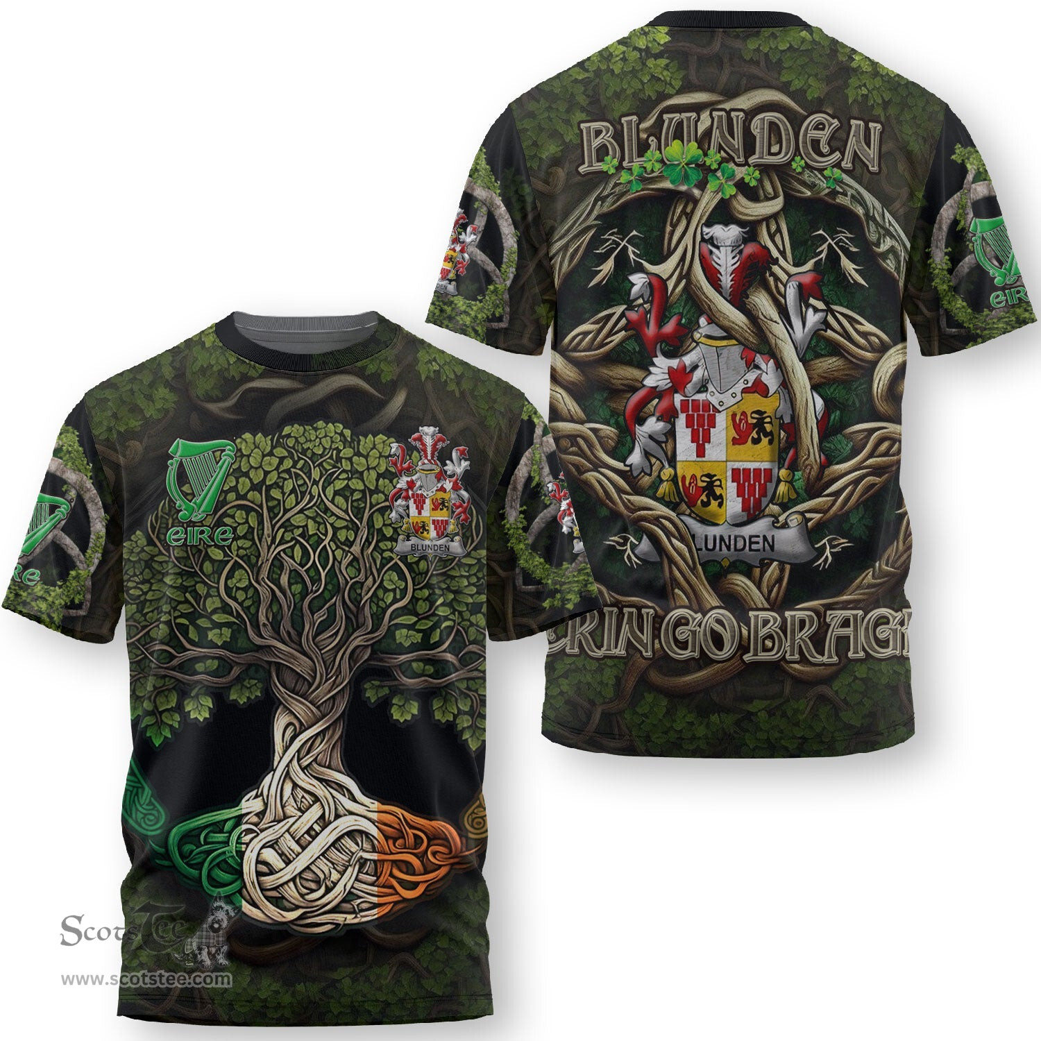 ScotsTee Shop Irish Blunden Coat of Arms Irish T Shirt Family Crest Irish Is My Root T Shirt