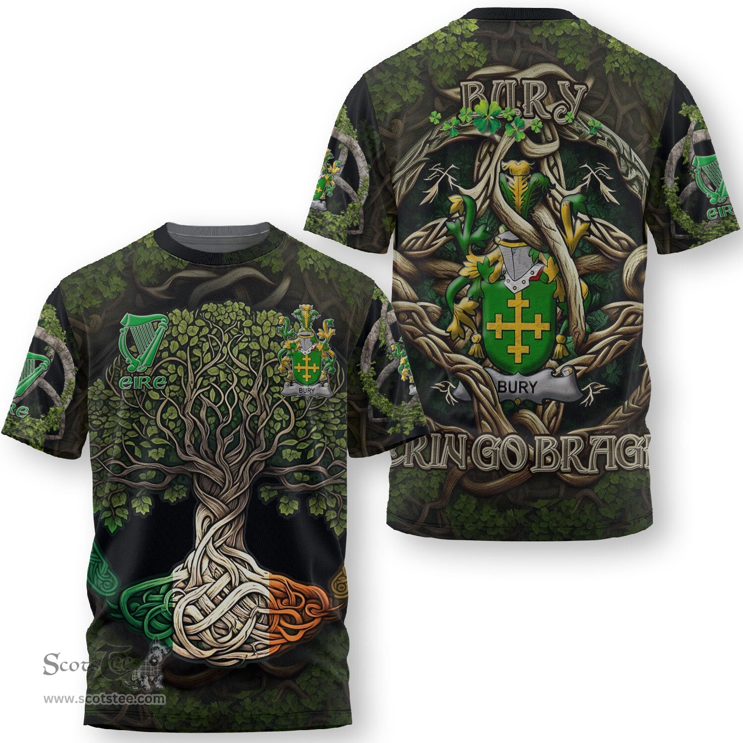 ScotsTee Shop Irish Bury or Berry Coat of Arms Irish T Shirt Family Crest Irish Is My Root T Shirt
