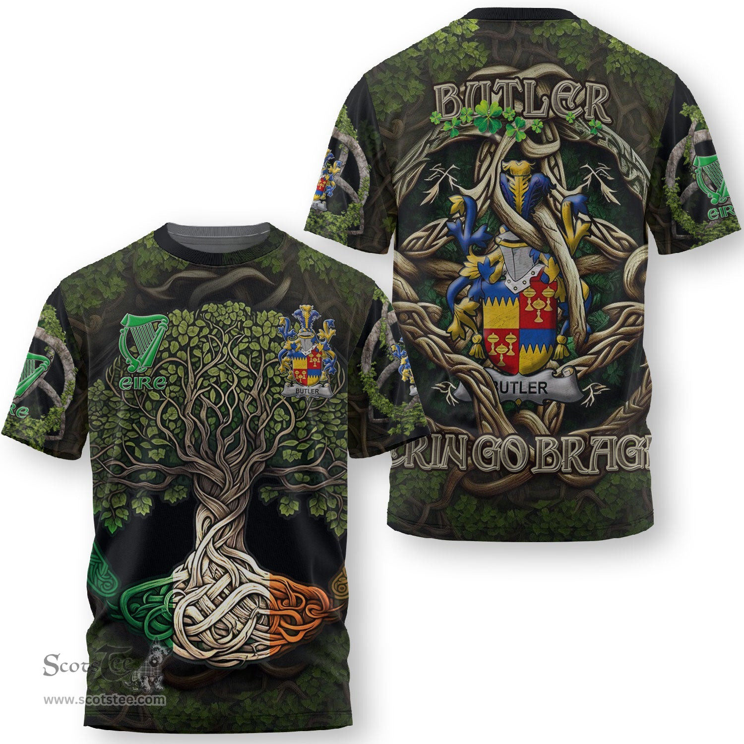 ScotsTee Shop Irish Butler Coat of Arms Irish T Shirt Family Crest Irish Is My Root T Shirt