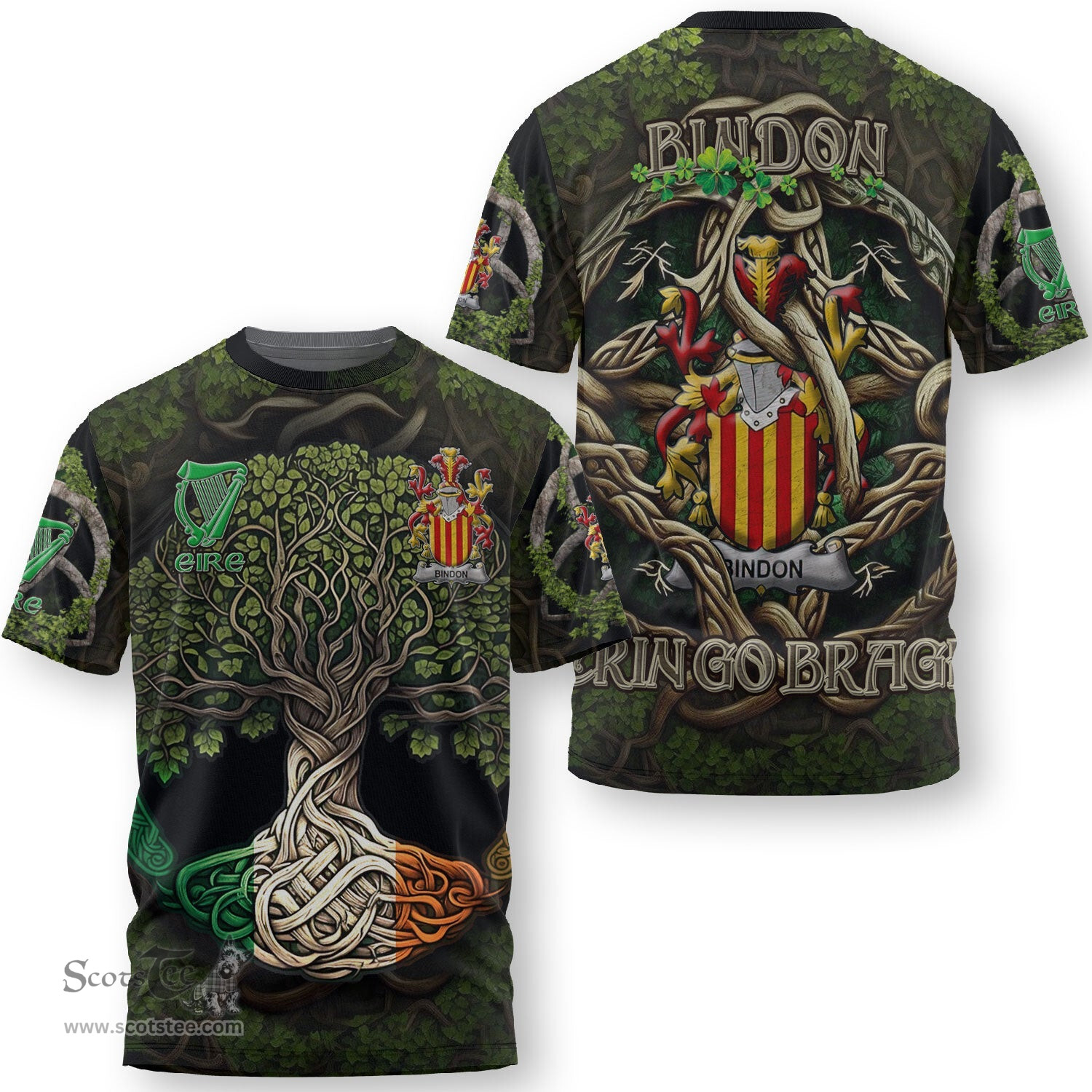 ScotsTee Shop Irish Bindon Coat of Arms Irish T Shirt Family Crest Irish Is My Root T Shirt