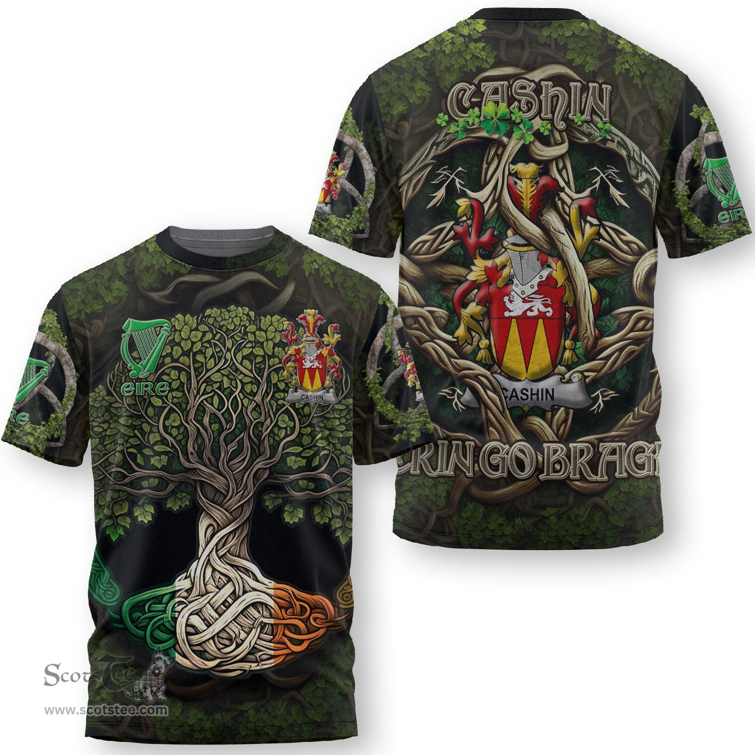 ScotsTee Shop Irish Cashin or McCashine Coat of Arms Irish T Shirt Family Crest Irish Is My Root T Shirt