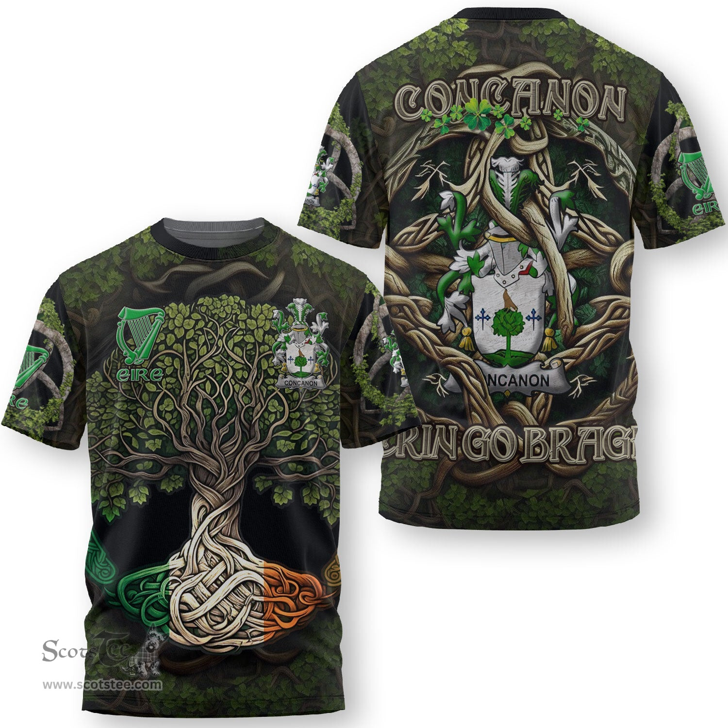 ScotsTee Shop Irish Concanon or O Concanon Coat of Arms Irish T Shirt Family Crest Irish Is My Root T Shirt