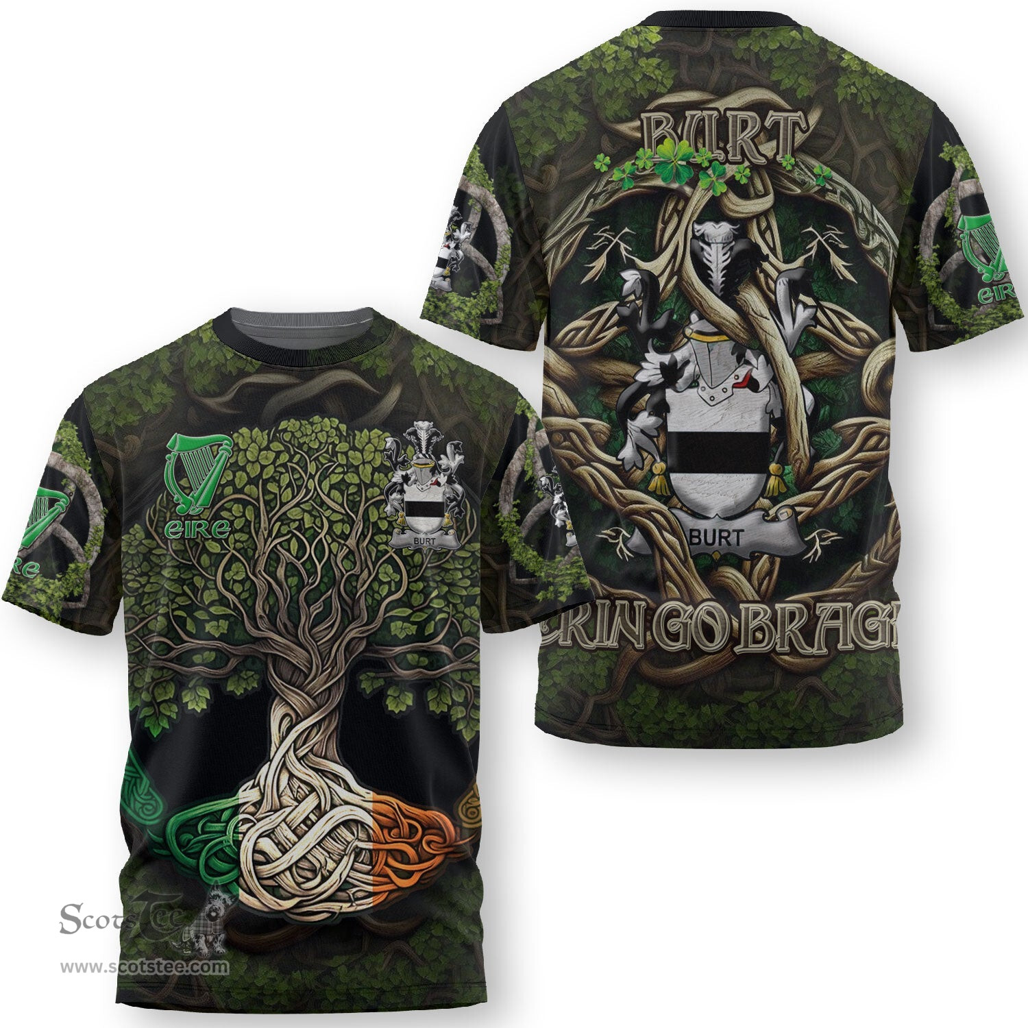 ScotsTee Shop Irish Burt or Birt Coat of Arms Irish T Shirt Family Crest Irish Is My Root T Shirt