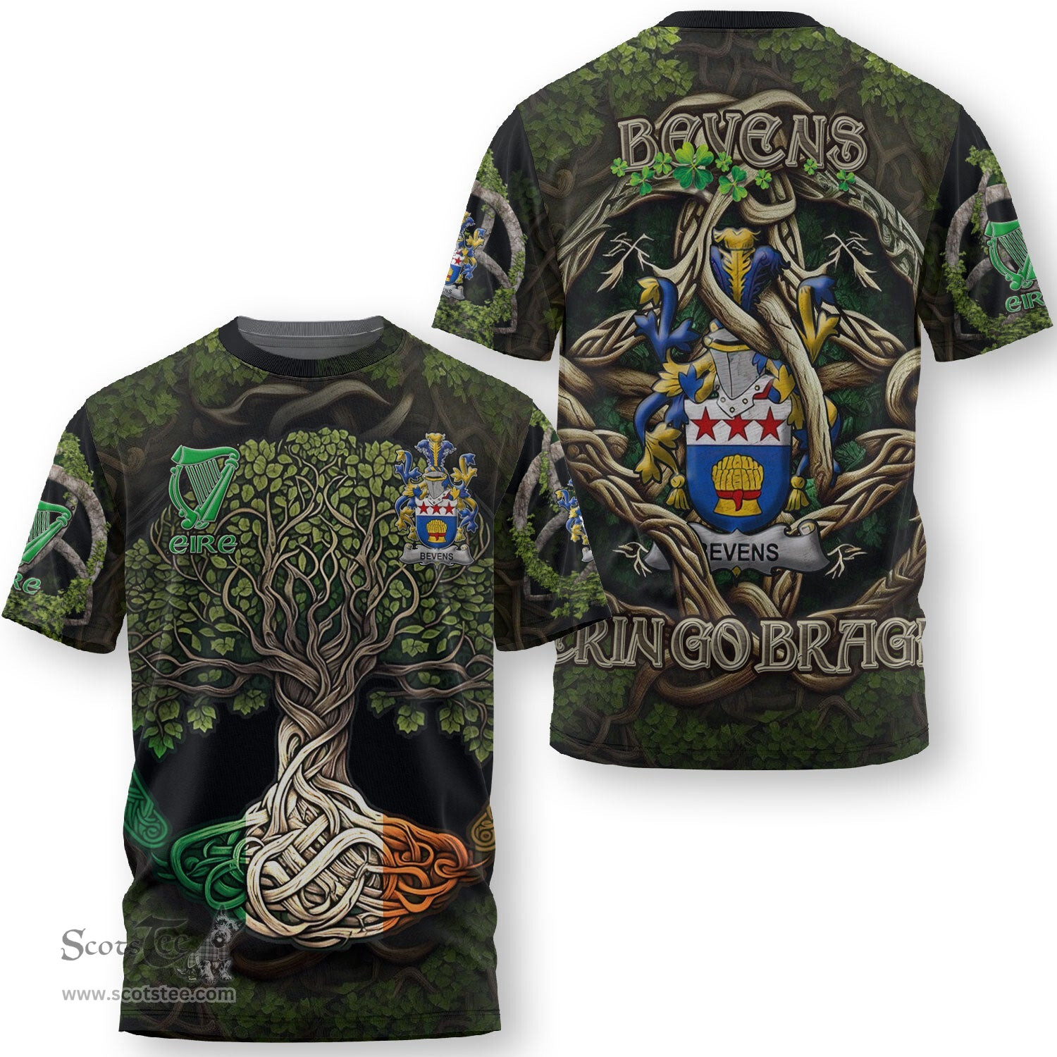ScotsTee Shop Irish Bevens Coat of Arms Irish T Shirt Family Crest Irish Is My Root T Shirt
