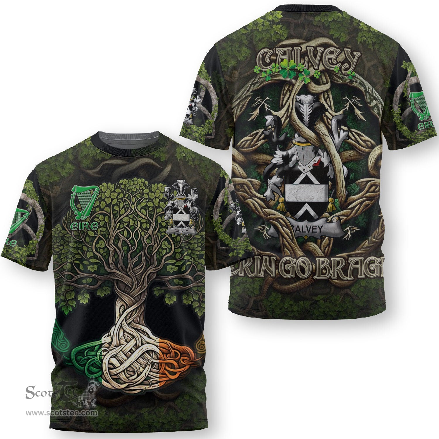 ScotsTee Shop Irish Calvey or McElwee Coat of Arms Irish T Shirt Family Crest Irish Is My Root T Shirt