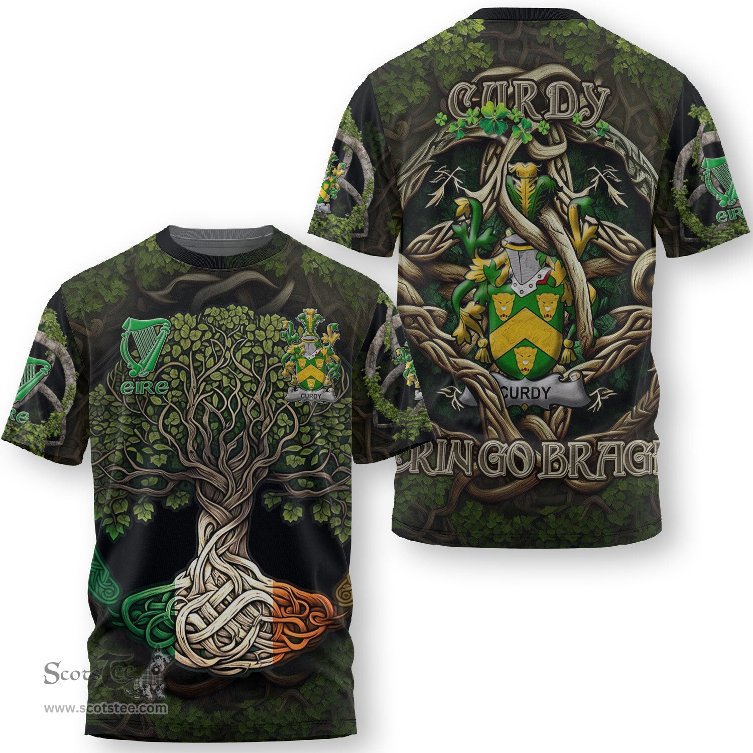 ScotsTee Shop Irish Curdy or McCurdy Coat of Arms Irish T Shirt Family Crest Irish Is My Root T Shirt