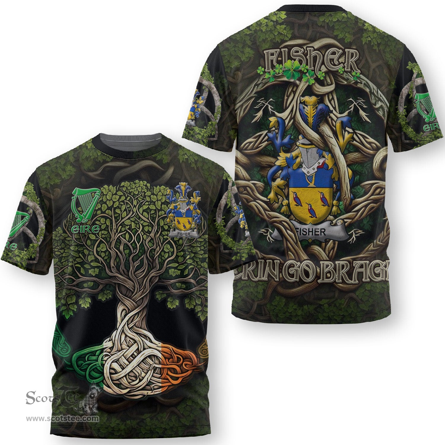 ScotsTee Shop Irish Fisher Coat of Arms Irish T Shirt Family Crest Irish Is My Root T Shirt