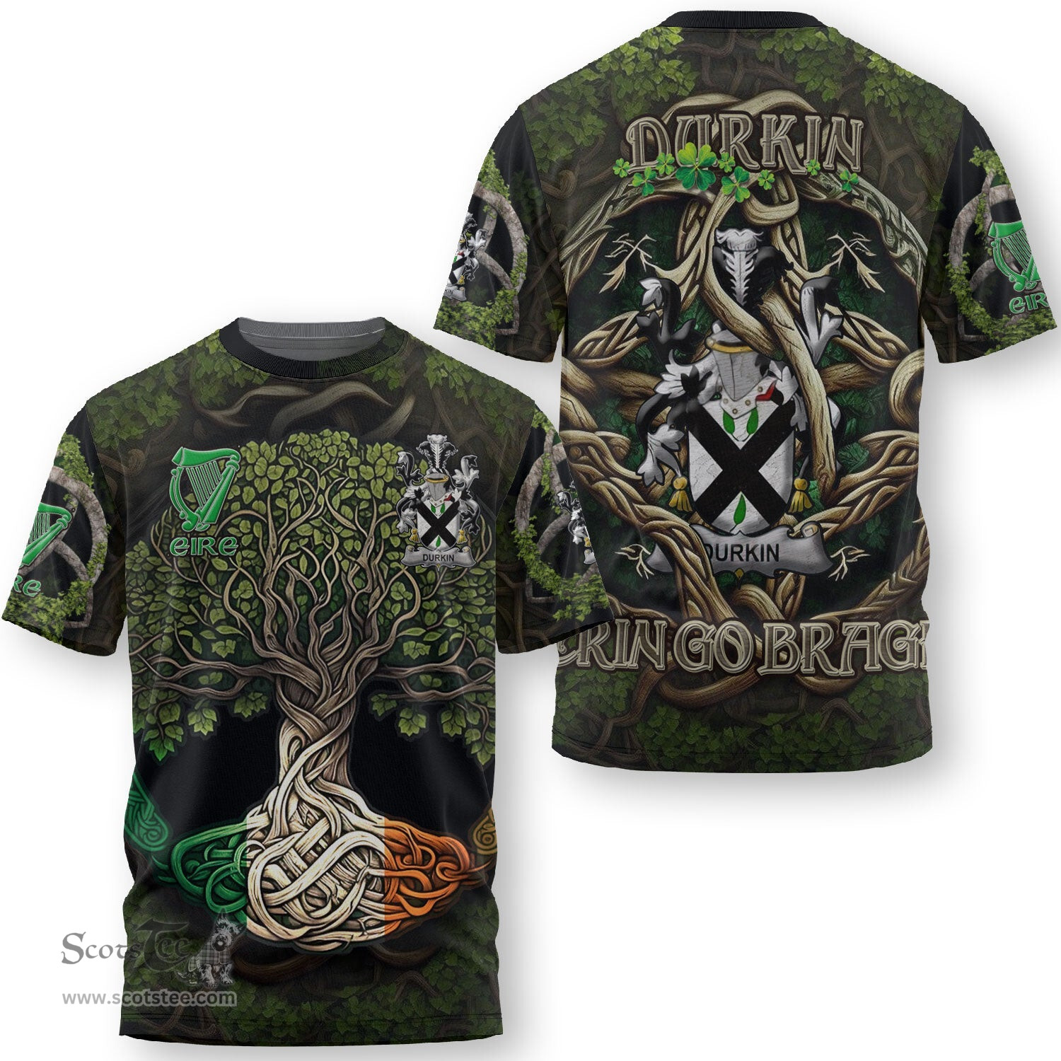 ScotsTee Shop Irish Durkin or O Durkin Coat of Arms Irish T Shirt Family Crest Irish Is My Root T Shirt