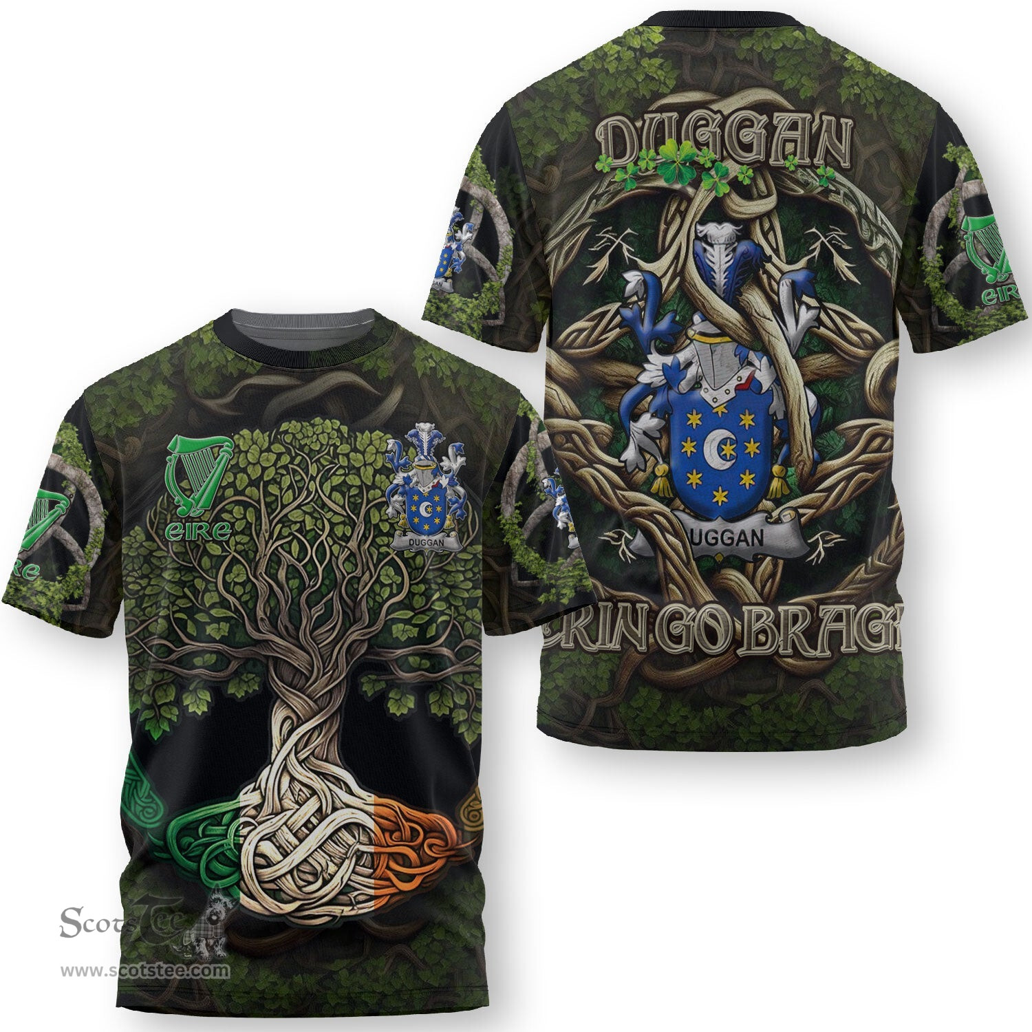 ScotsTee Shop Irish Duggan or O Duggan Coat of Arms Irish T Shirt Family Crest Irish Is My Root T Shirt