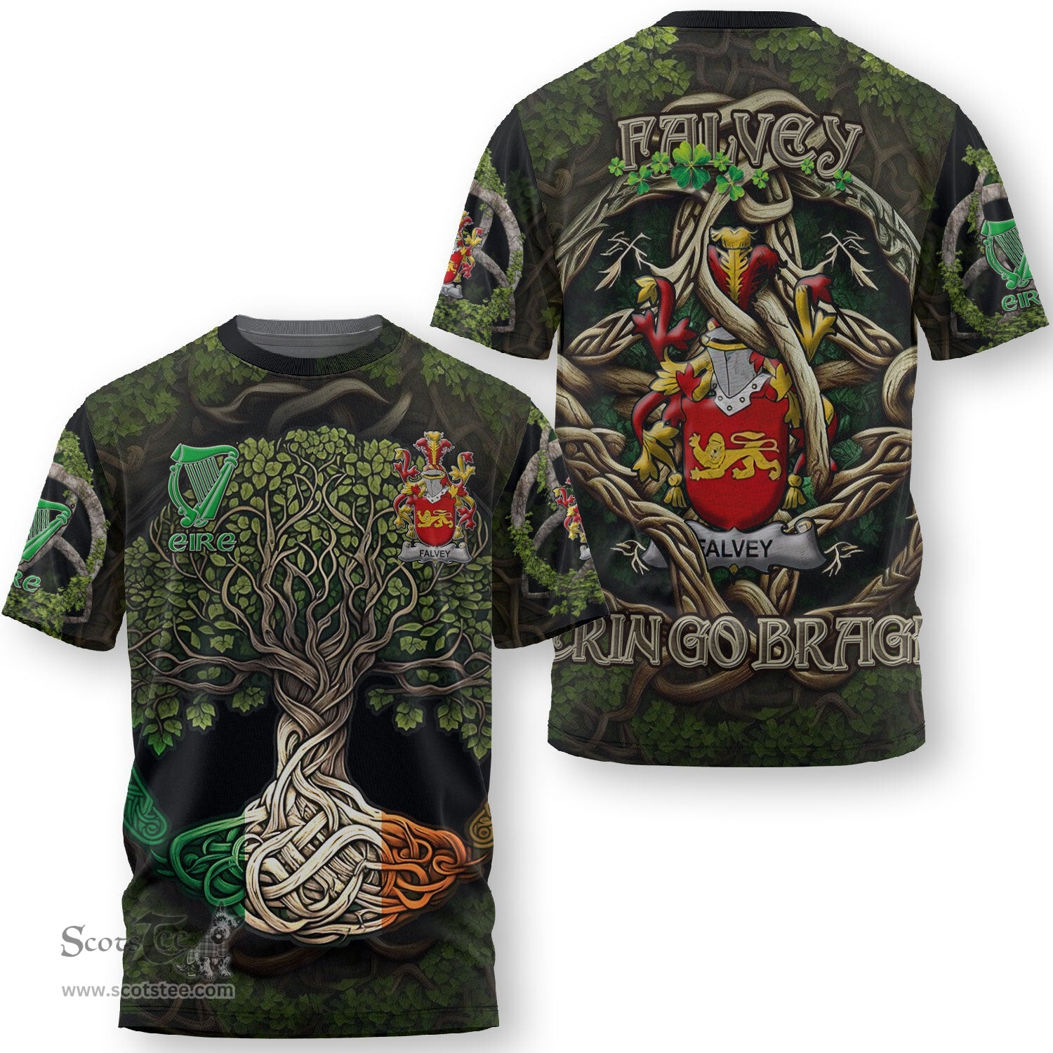 ScotsTee Shop Irish Falvey or O Falvey Coat of Arms Irish T Shirt Family Crest Irish Is My Root T Shirt