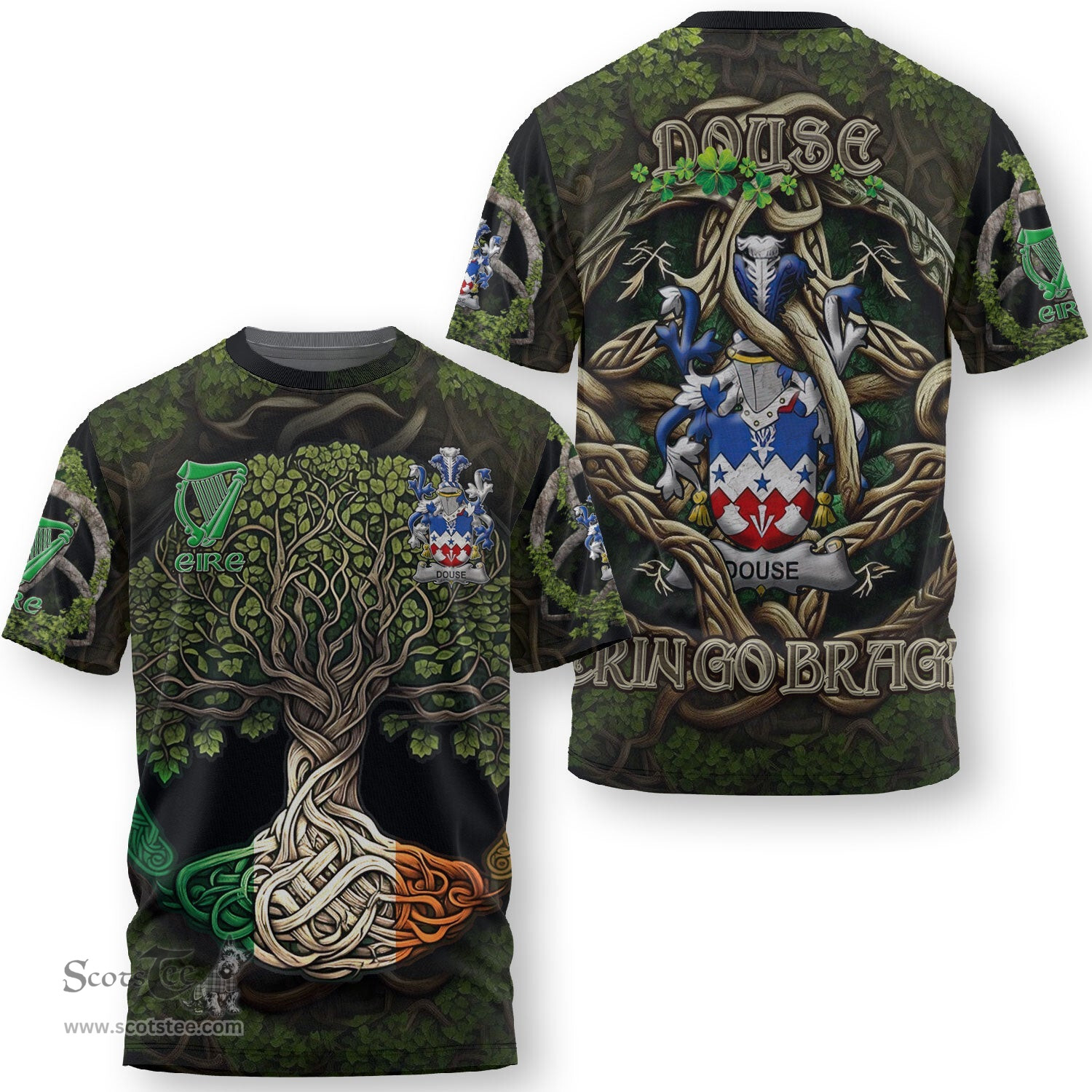 ScotsTee Shop Irish Douse or Dowse Coat of Arms Irish T Shirt Family Crest Irish Is My Root T Shirt