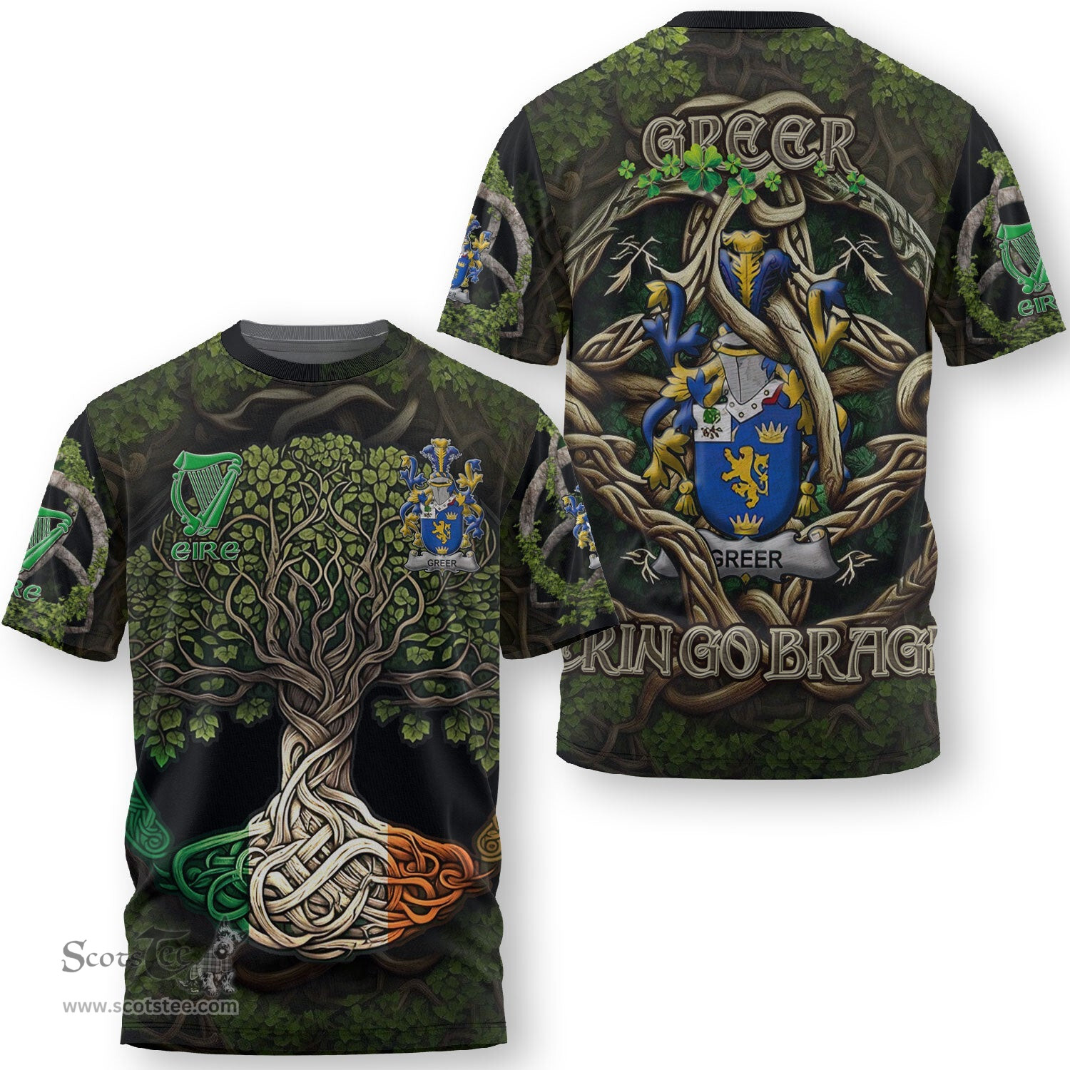 ScotsTee Shop Irish Greer Coat of Arms Irish T Shirt Family Crest Irish Is My Root T Shirt