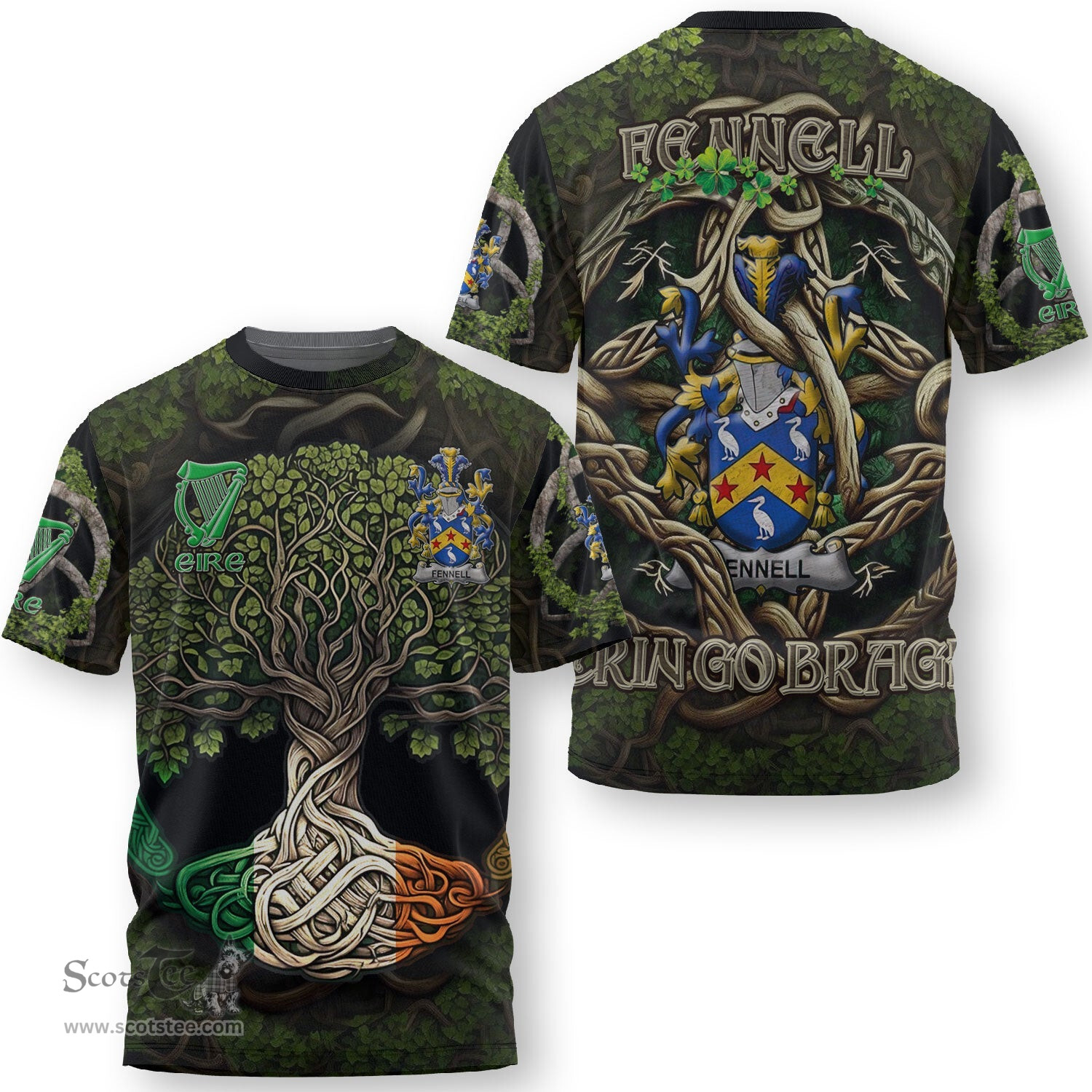 ScotsTee Shop Irish Fennell or O Fennell Coat of Arms Irish T Shirt Family Crest Irish Is My Root T Shirt