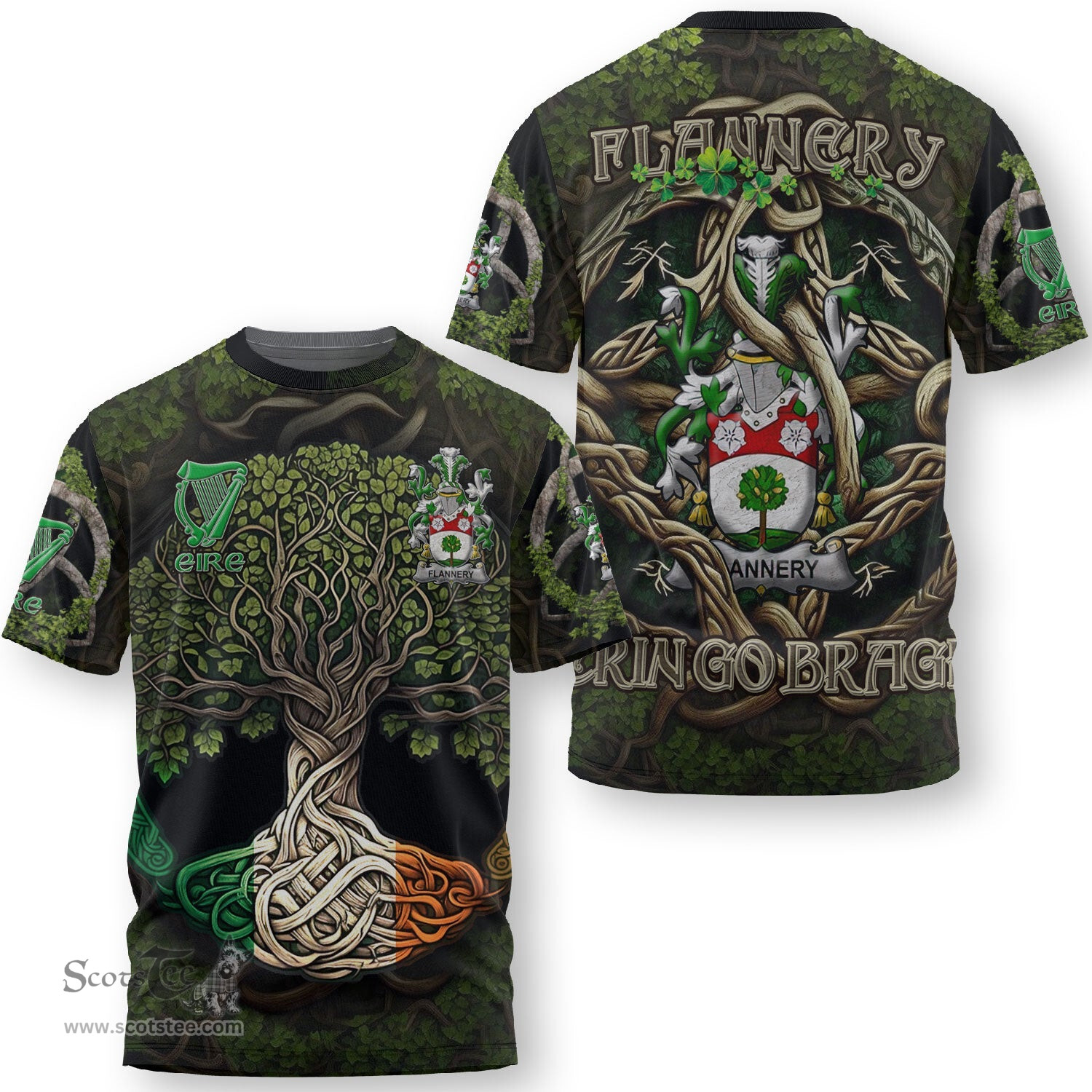 ScotsTee Shop Irish Flannery or O Flannery Coat of Arms Irish T Shirt Family Crest Irish Is My Root T Shirt