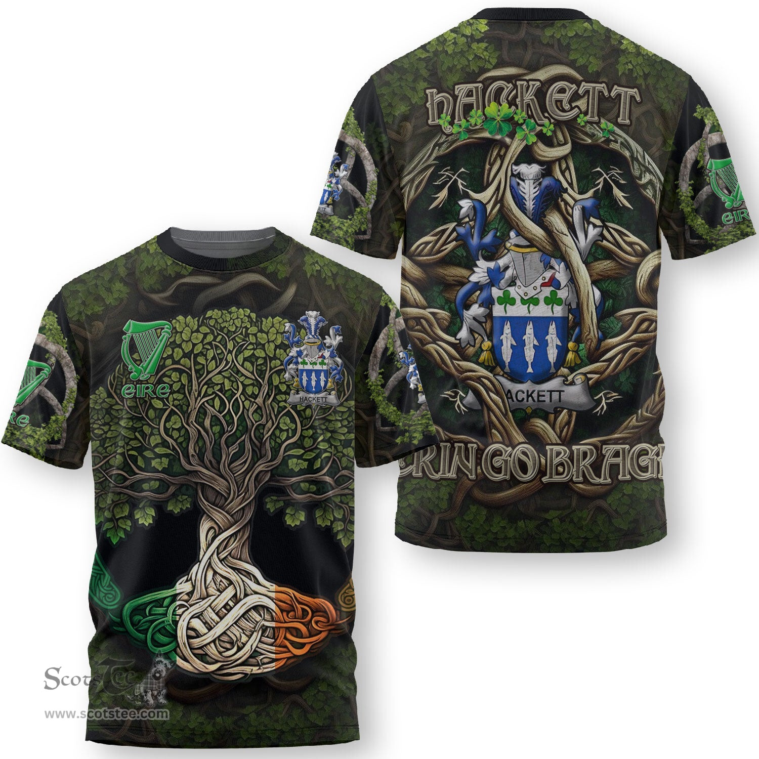 ScotsTee Shop Irish Hackett Coat of Arms Irish T Shirt Family Crest Irish Is My Root T Shirt