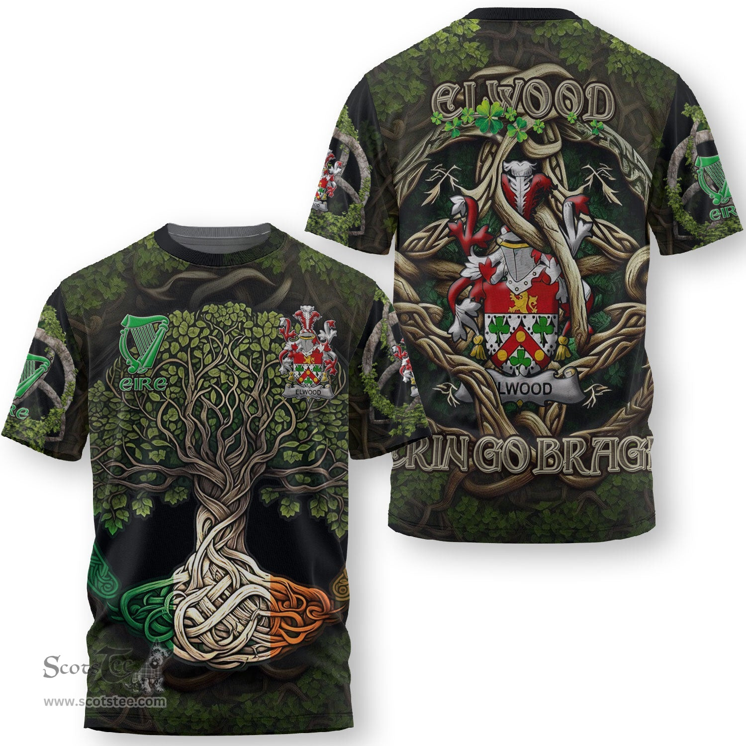 ScotsTee Shop Irish Elwood Coat of Arms Irish T Shirt Family Crest Irish Is My Root T Shirt