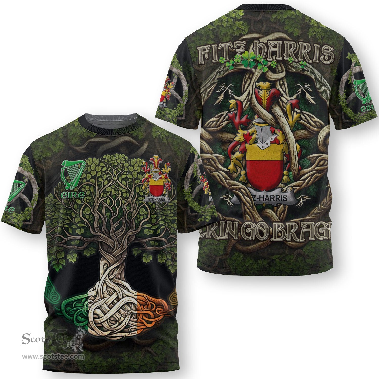 ScotsTee Shop Irish Fitz Harris Coat of Arms Irish T Shirt Family Crest Irish Is My Root T Shirt