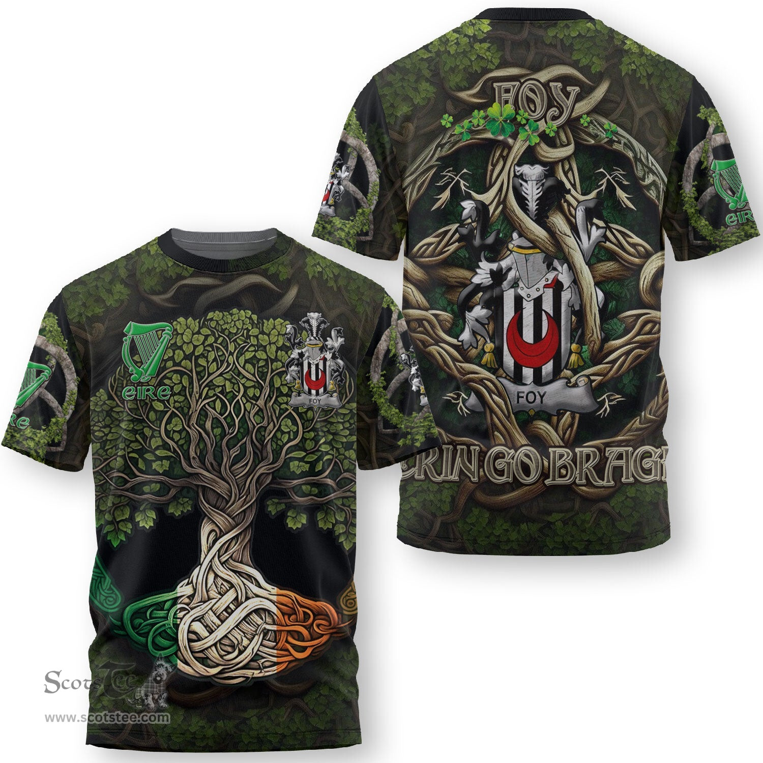 ScotsTee Shop Irish Foy or O Fie Coat of Arms Irish T Shirt Family Crest Irish Is My Root T Shirt