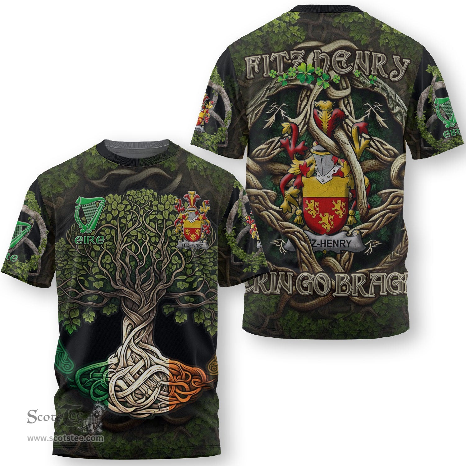 ScotsTee Shop Irish Fitz Henry Coat of Arms Irish T Shirt Family Crest Irish Is My Root T Shirt