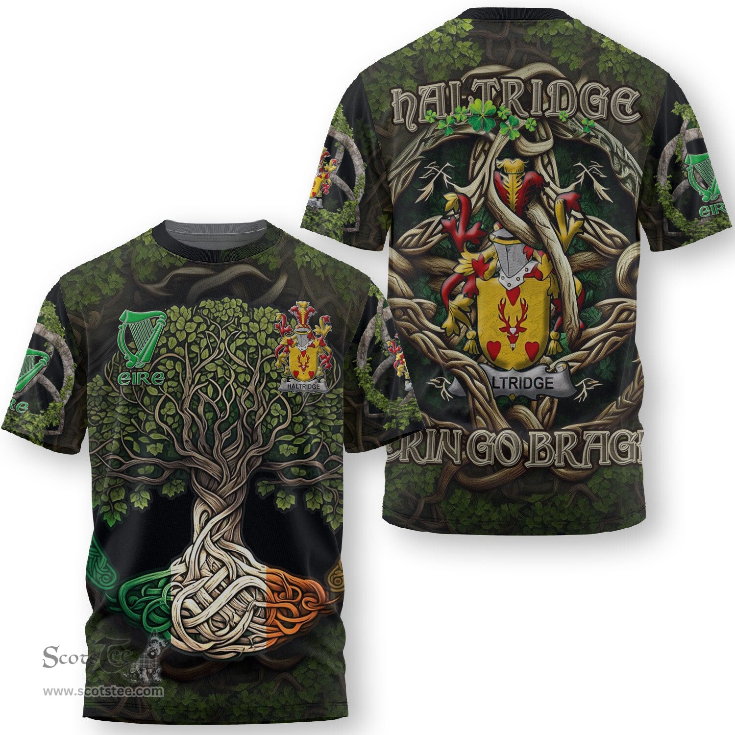 ScotsTee Shop Irish Haltridge Coat of Arms Irish T Shirt Family Crest Irish Is My Root T Shirt