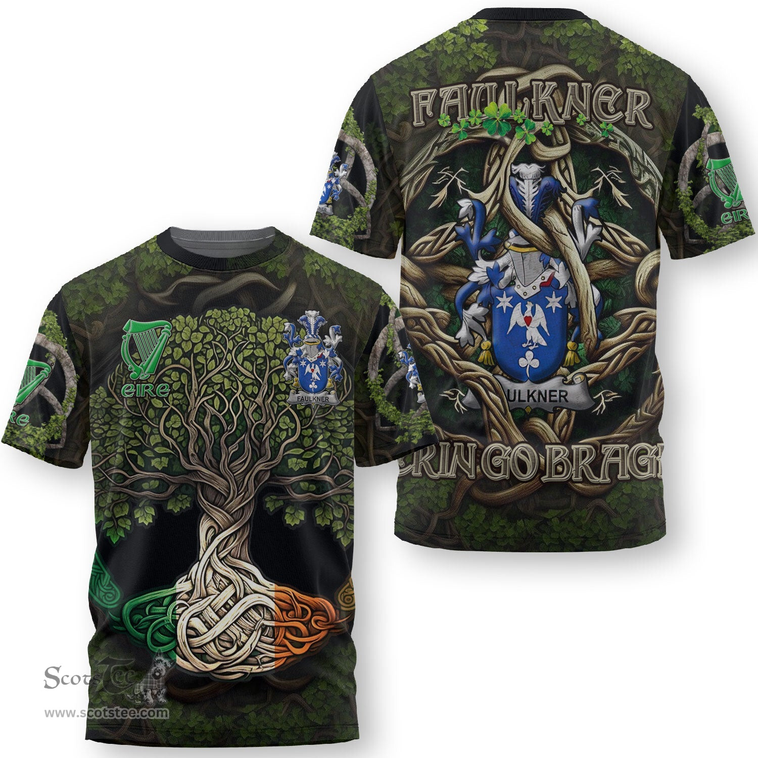 ScotsTee Shop Irish Faulkner Coat of Arms Irish T Shirt Family Crest Irish Is My Root T Shirt
