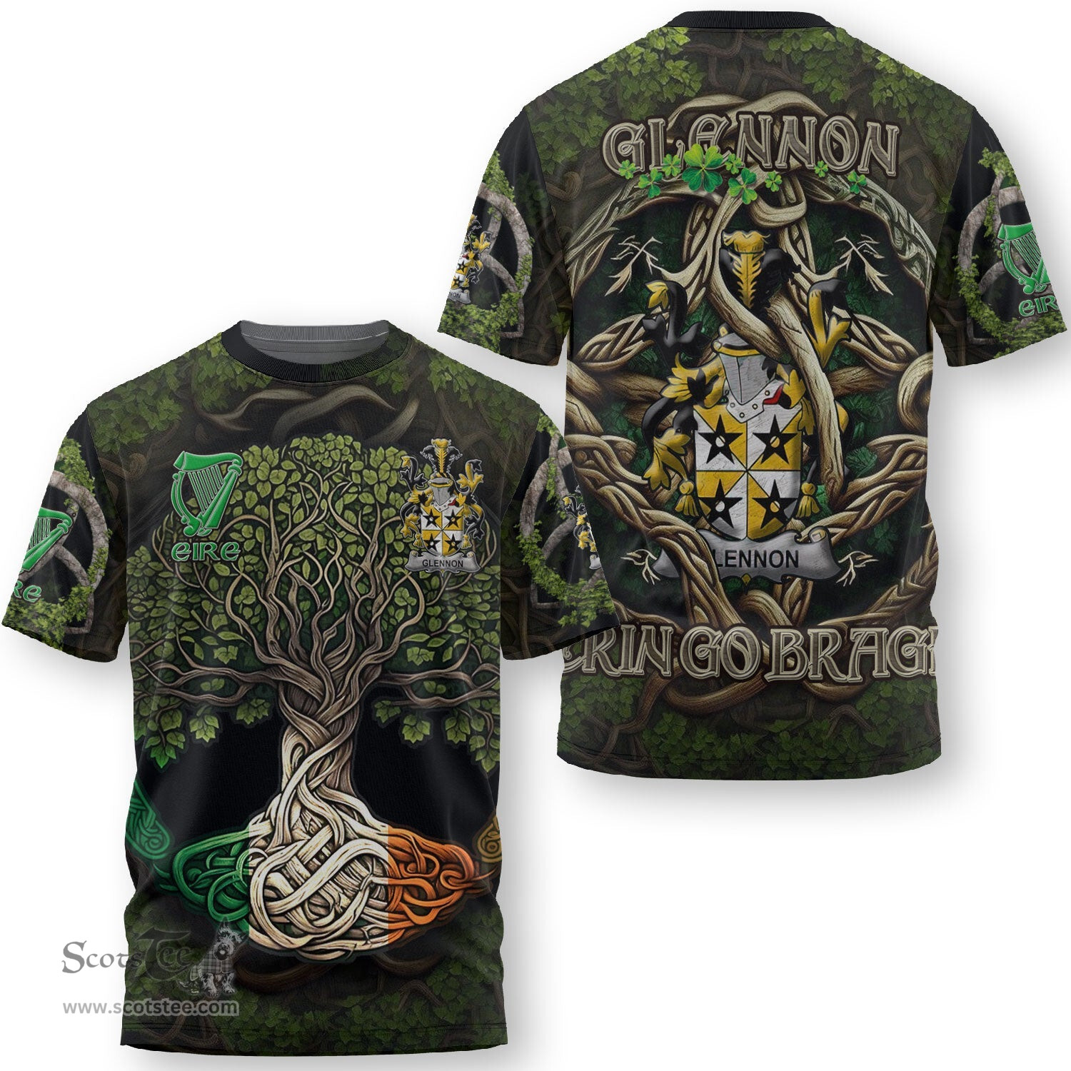ScotsTee Shop Irish Glennon or Glenane Coat of Arms Irish T Shirt Family Crest Irish Is My Root T Shirt